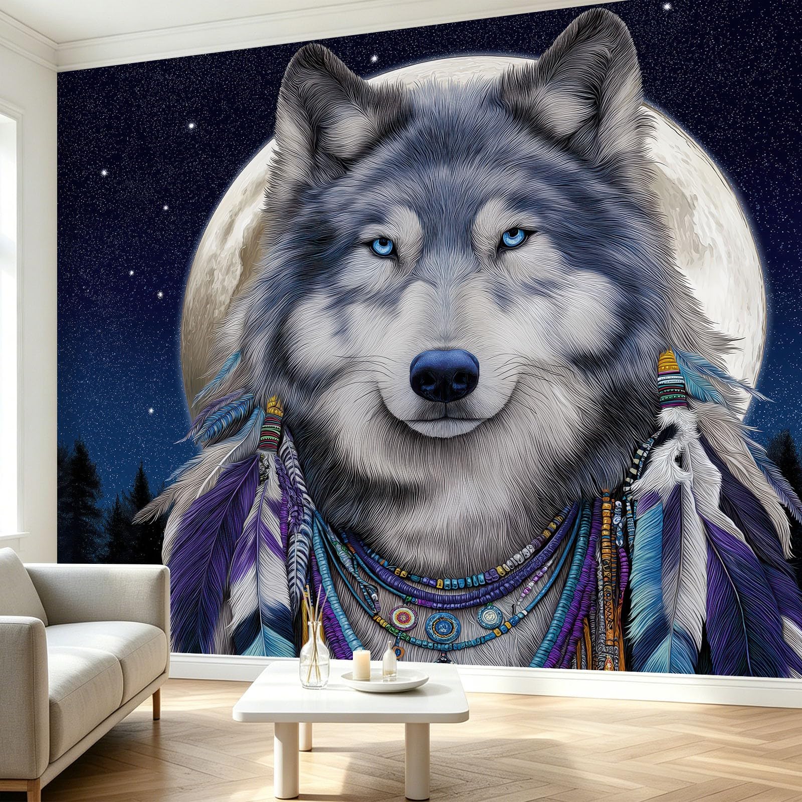 Vlies Tapete Fototapete 3D Effekt Tiere Wolf Traumfänger 250 x 175 cm - Wandbild für Schlafzimmer - Vliestapete Wandtapete für Kinderzimmer Flur Wanddekoration Bildtapete Nachthimmel Sternenhimmel