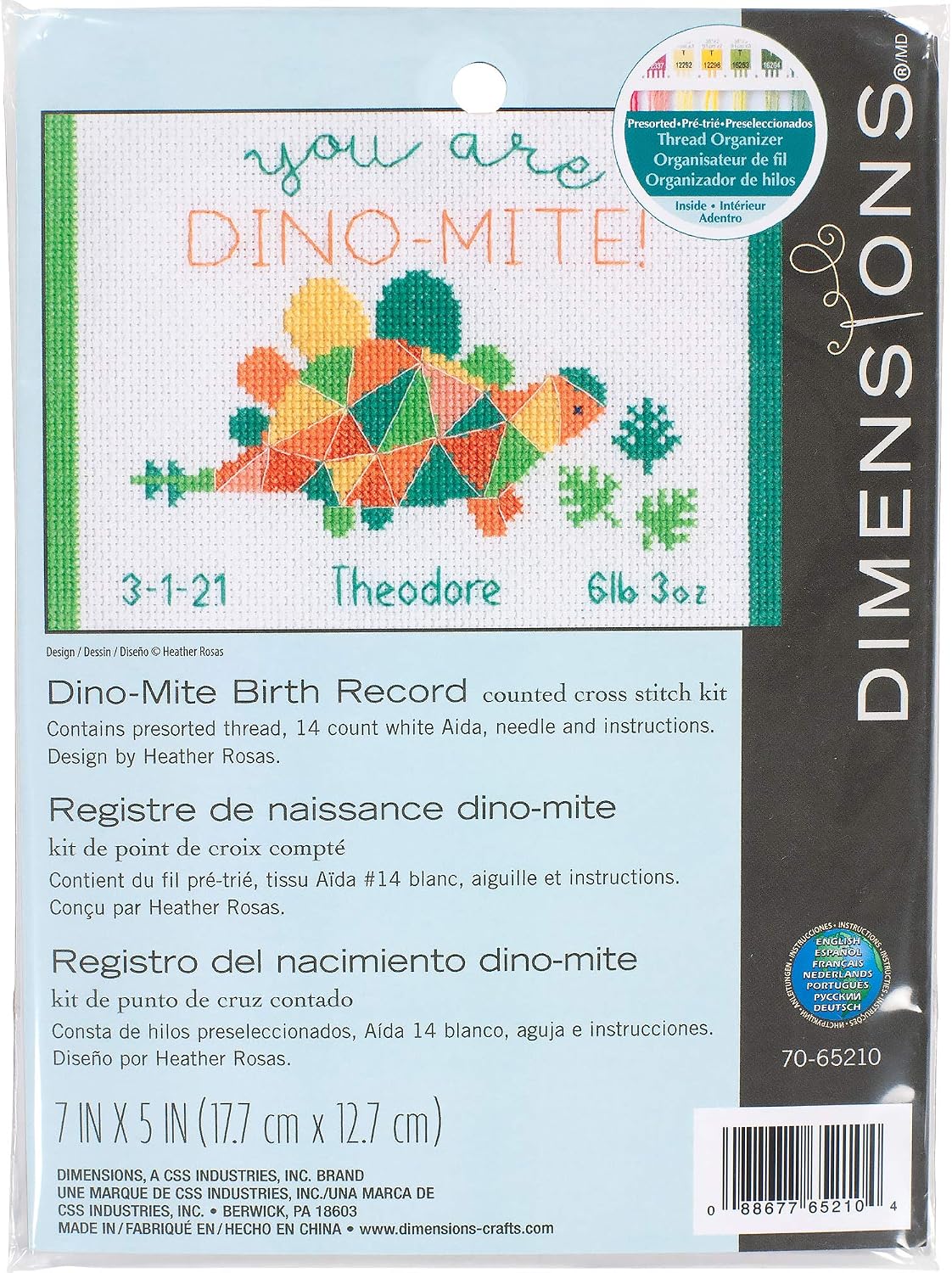 Dimensions 70-65210 Dino-Mite Baby Birth Record Counted Cross Stitch Kit, 14 White Aida, 7'' x 5"