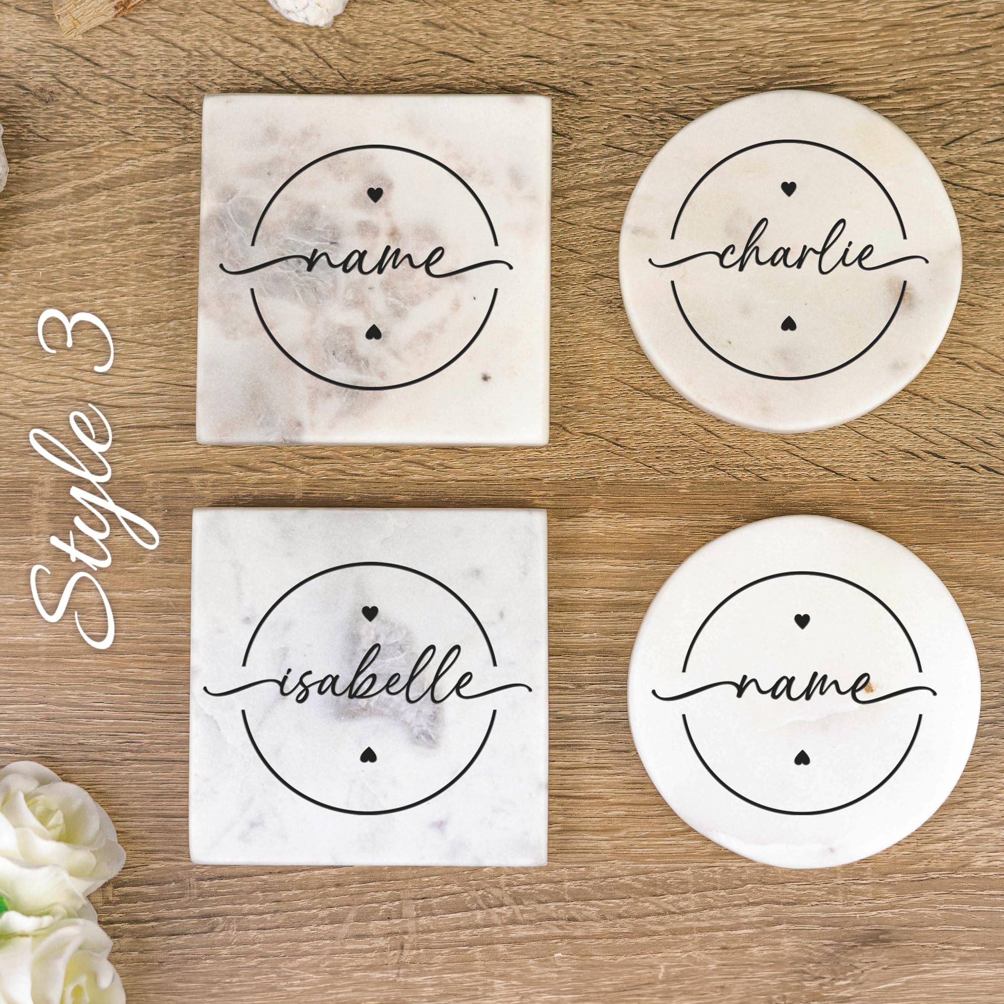 So Bespoke White Personalised Coaster Customised Marble Stone Coaster Set Any Text (Square, Style 3)
