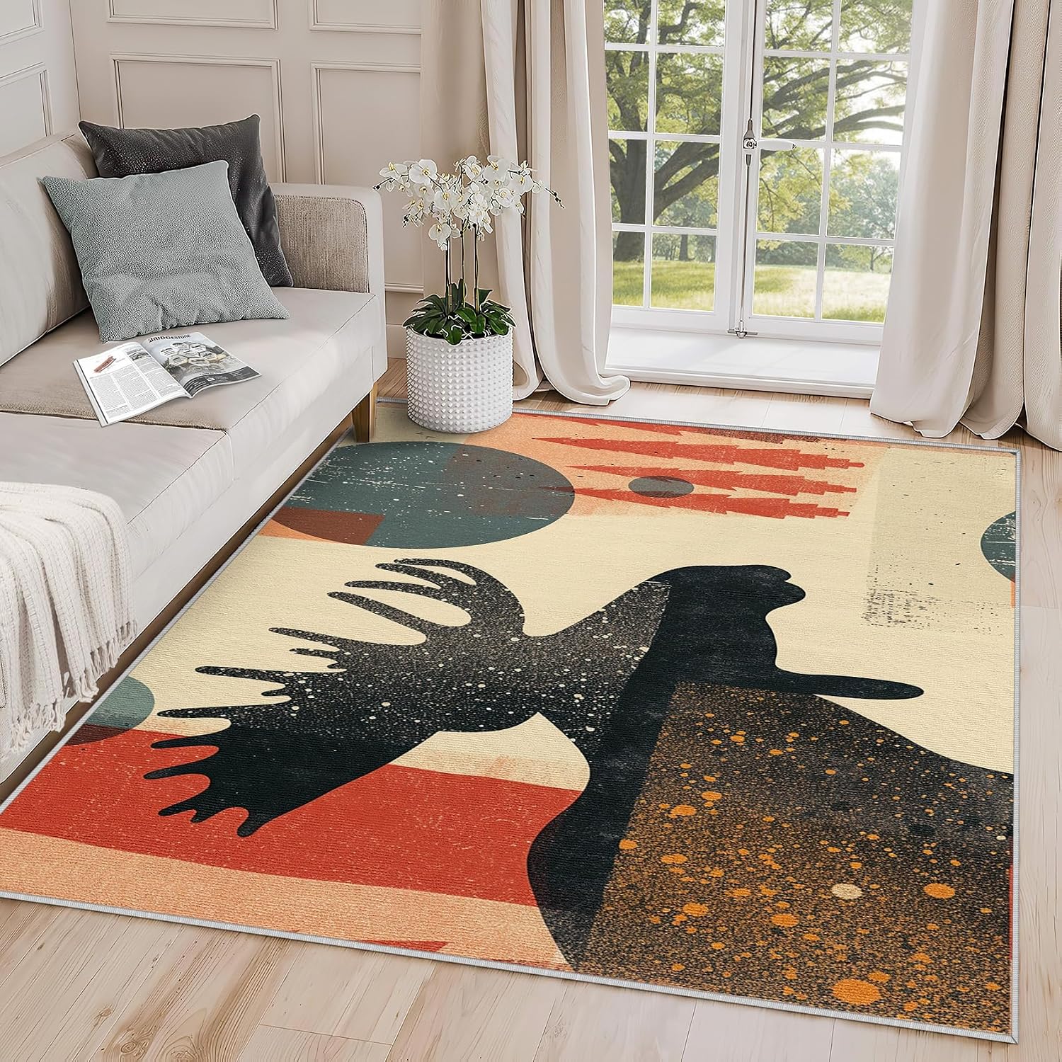 5x7 Rug, Moose Rug, Abstract Wildlife Rugs for Living Room Bedroom, Bold Color Cabin Animal Carpet, Washable & Non Slip & Soft Low Pile Large Indoor Area Rug, Moose Home Decor & Gifts