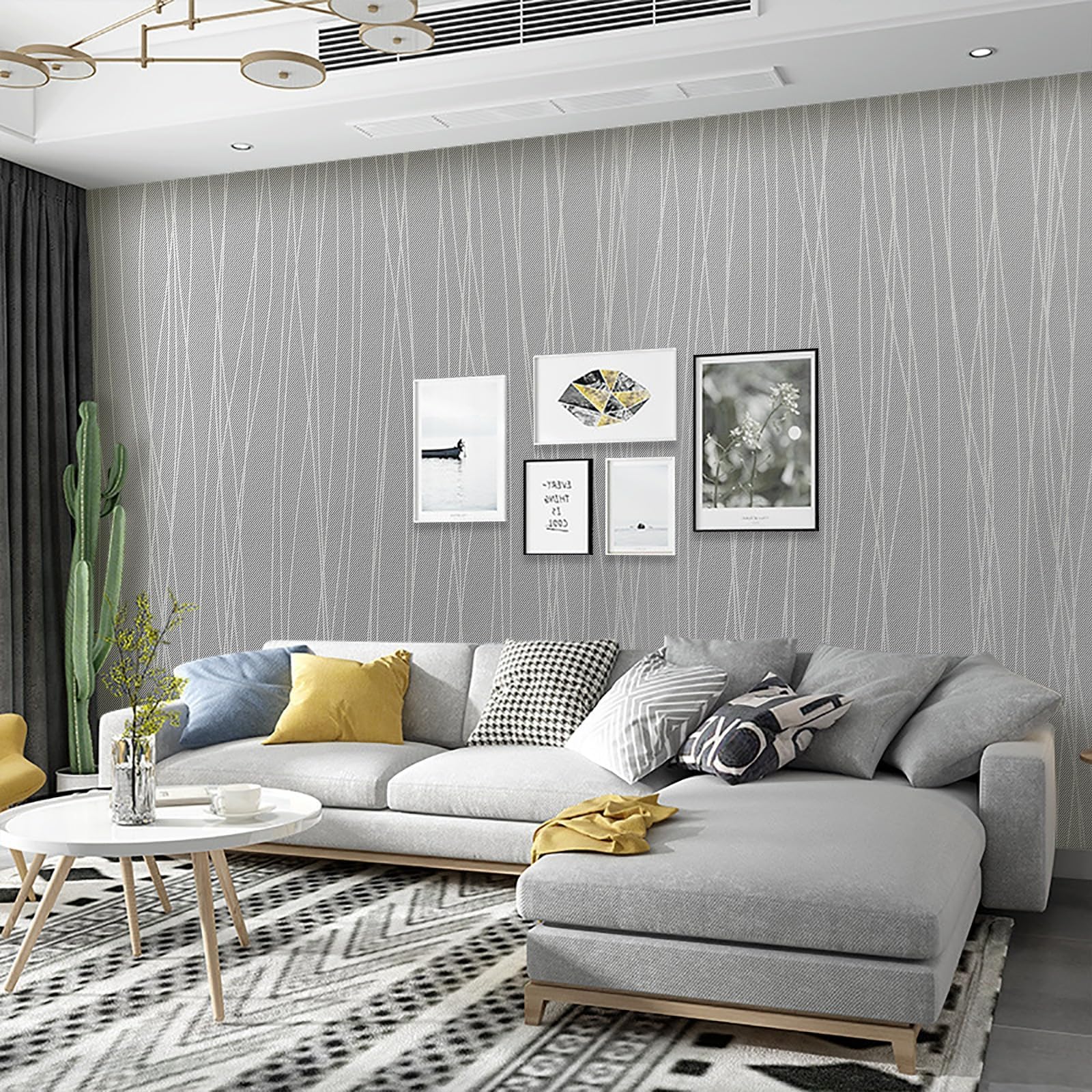 Trafagala 53 * 950cm Grey Modern Minimalist Non-Woven 3D Wallpaper Roll Glitter Metallic Stripe Textured Flocking Striped Wallcoverings for Bedroom Living Room TV Backdrop Hallway Hall