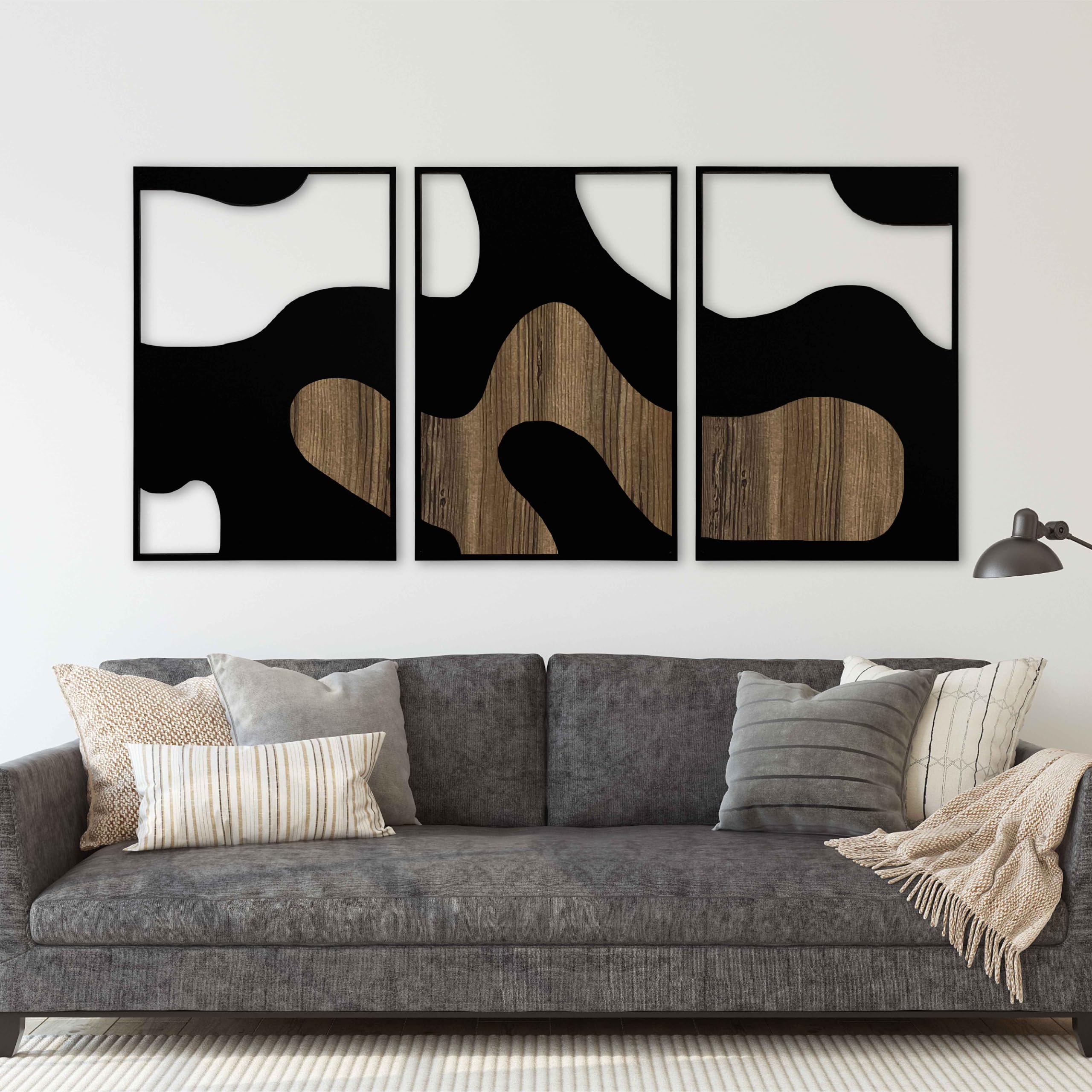 Neutrale Holzwandkunst, groß, Set mit 3 abstrakten Holz-Wanddekorationen, Erdton, moderne Wandpaneele, einzigartige Dekoration über dem Bett, Geschenk für Wohnzimmer und Schlafzimmer