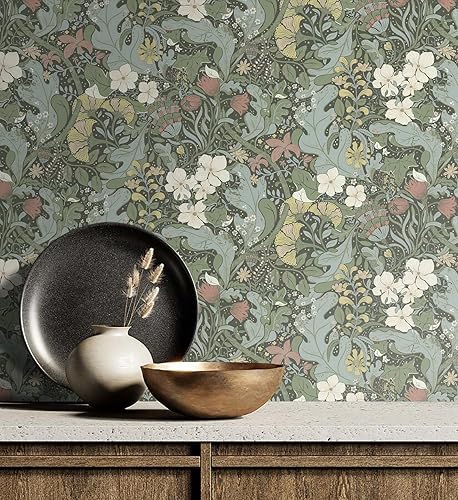 Miniatura 4 de Papel tapiz floral verde para dormitorio, papel tapiz autoadhesivo extraíble, impermeable, para decoración de sala de estar, dormitorio, 16.1 x