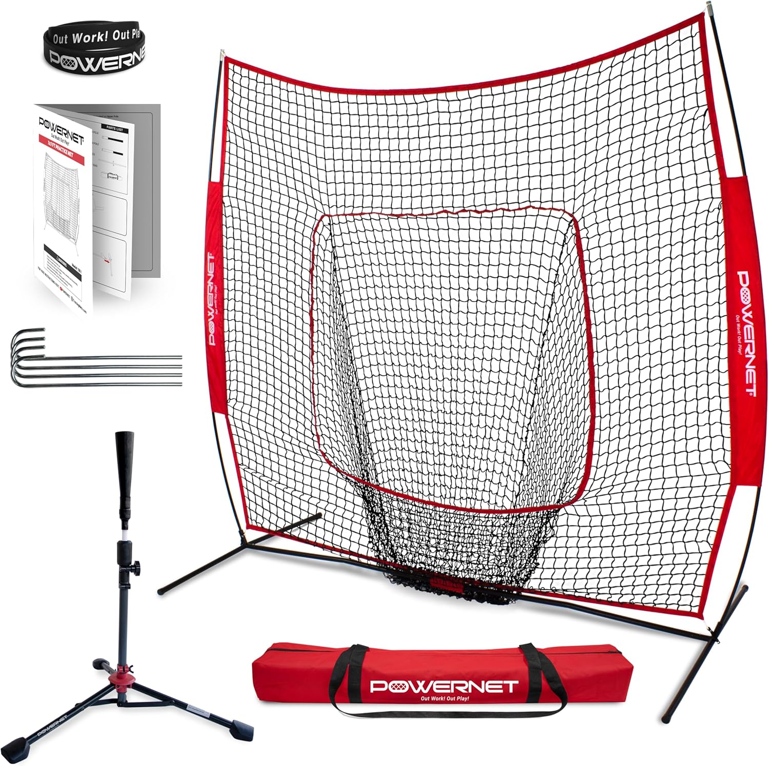 PowerNet Softball Baseball Training Equipment Bundle, Portable Baseball Tee & Baseball Net for Hitting, Pitching Net + Carry Bag (Red 7x7 Net & Tee)