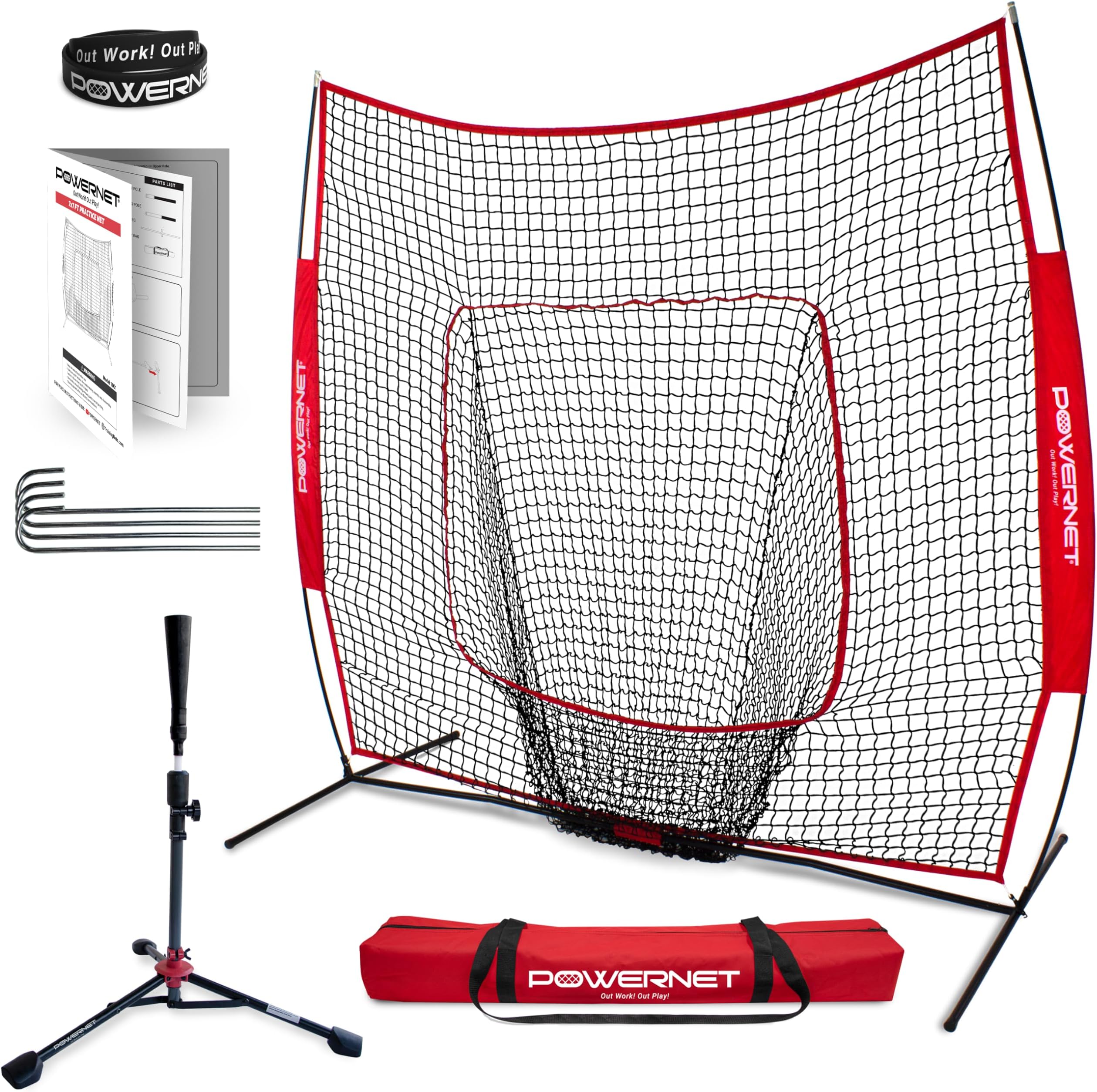 Baseball Softball Practice Net 7x7 with Baseball Accessories for Practice Pitching, Batting & Fielding, Ball Caddy, Weighted Baseballs, Tee