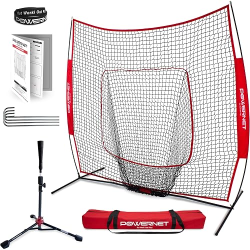 PowerNet Baseball Softball Practice Net 7x7 with Baseball Accessories for Practice Pitching, Batting & Fielding, Ball Caddy, Weighted Baseballs, Tee