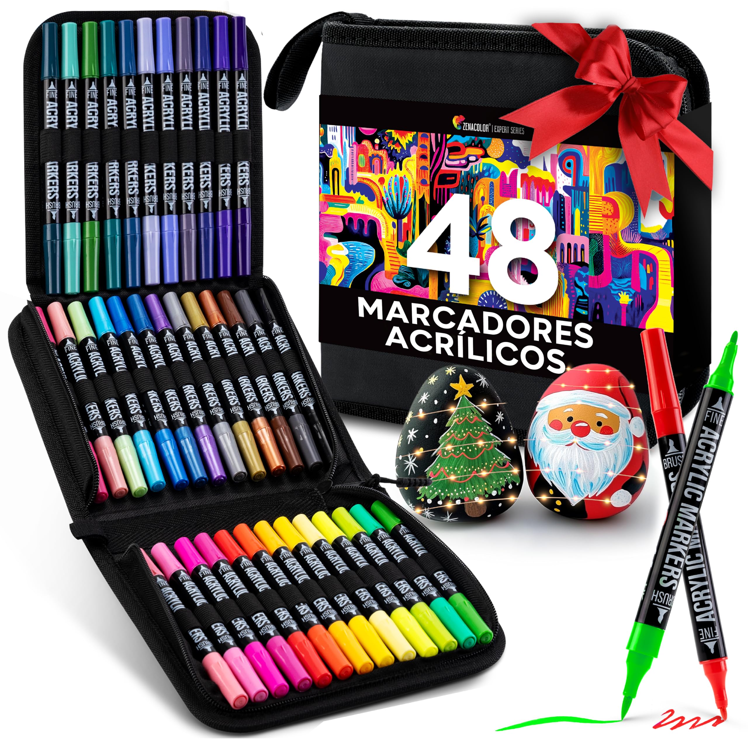 Zenacolor Rotuladores Acrilicos con Doble Punta (Punta Fina y Pincel)- 48 Colores únicos de Rotuladores Permanentes para Distintas Superficies y Obras de Arte- Permanentes Estuche Incluido