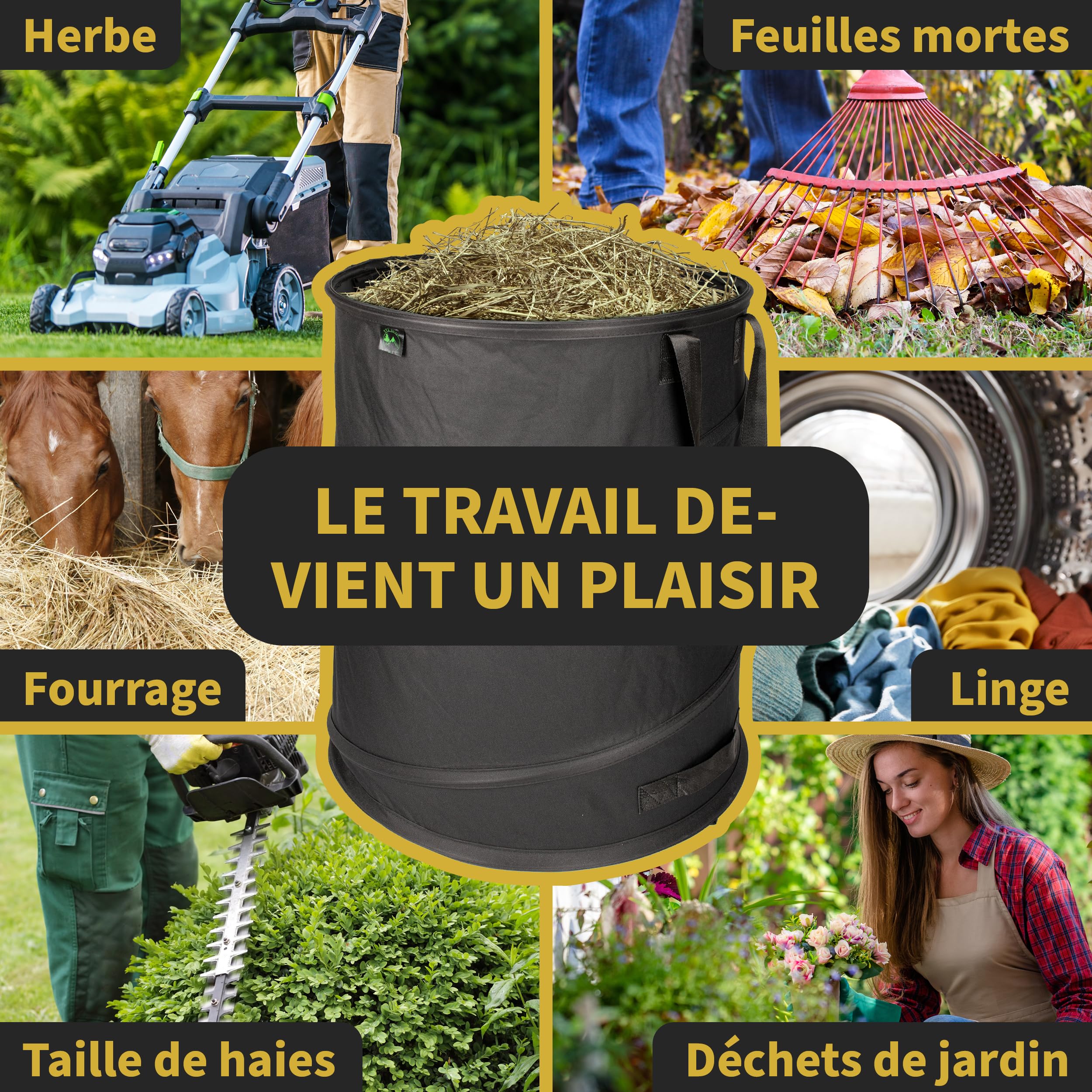 TTL Garden Black Supererior Lot de 2 sacs de jardin Pop Up 170 l Double fond 260 g/m² Extra stables Oxford 600D 170 l Pliable Coupe verte Auto-portante