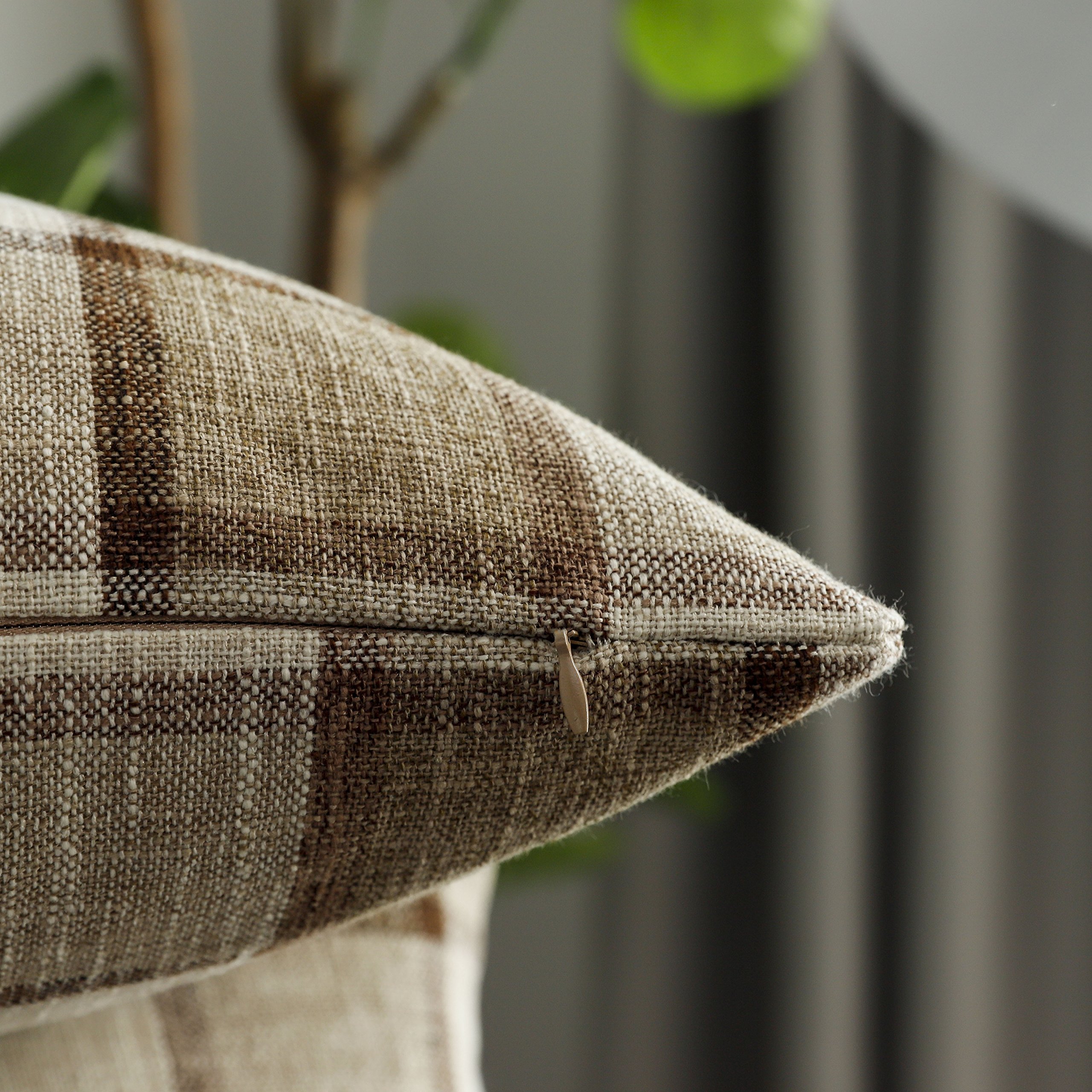 UGASA Classic Retro Checkered Plaids Cotton Linen Cushion Cover Square Throw Pillow Cover 5 Tone Modern Farmhouse Cushion for Sofa, 18x18 Inch(45cm), Set of 2, Natural + Brown