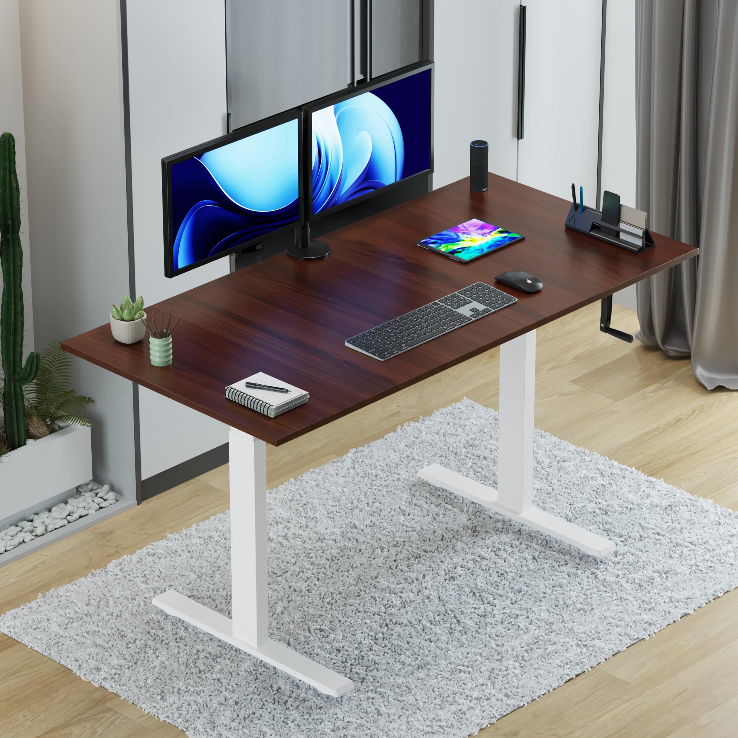Jin Office Vertex Manual Height Adjustable Table| Adjustable Standing Desk with Hand Crank| Sit Stand Desk| Ergonomic Table for Home,3 Year Warranty,80 Kg Wt. Cap| White & Brown|1500*750mm/25MM Thick