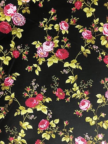 SAL TEX FABRICS, Impresión de tela de algodón de poliéster con estampado de flores rosas, se vende por yarda (negro/rojo)