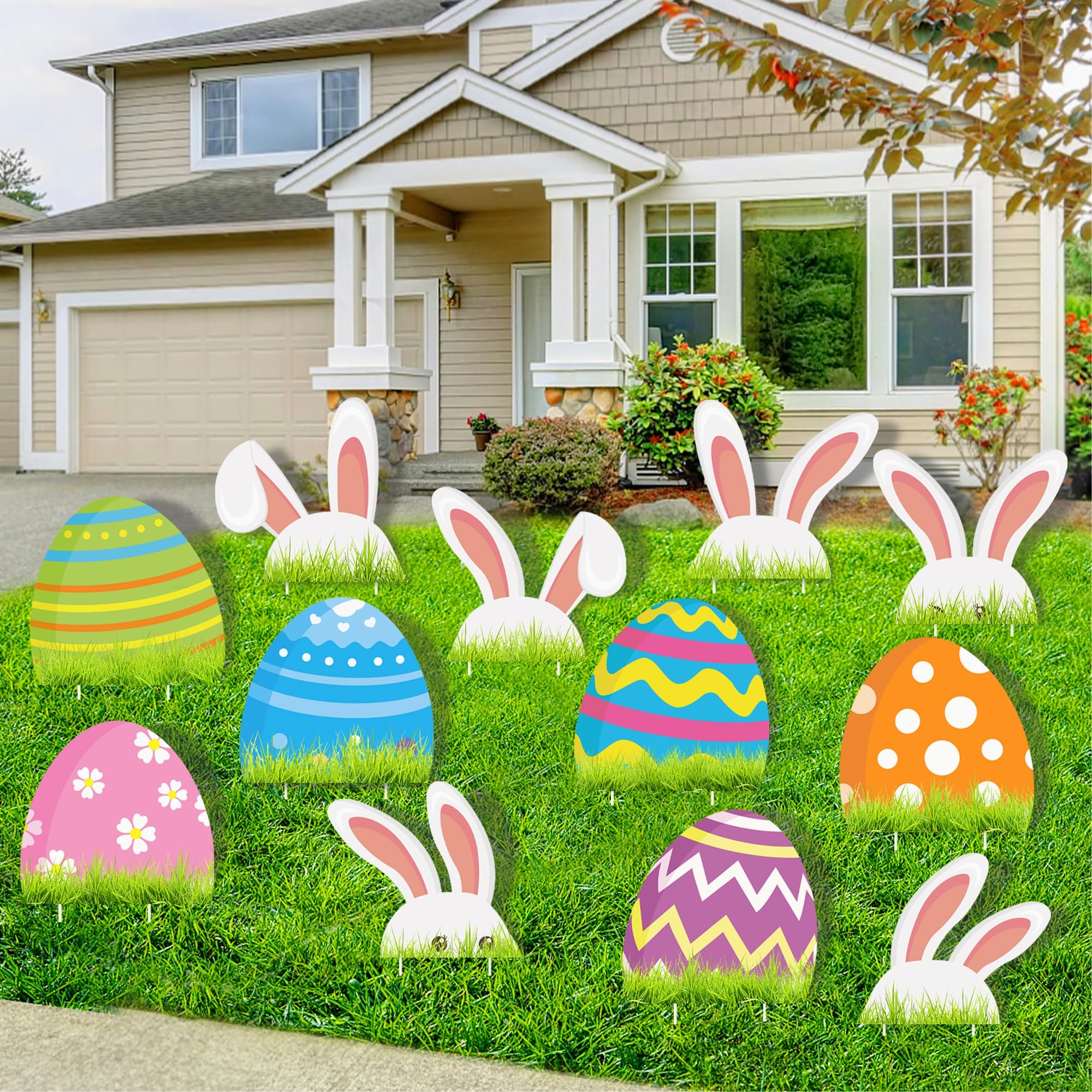 Photo 1 of 12 PCS Easter Yard Sign Decorations Outdoor, Easter Bunny Eggs Yard Signs with Stakes, Waterproof Easter Yard Lawn Decorations, Easter Party Supplies, Easter Props