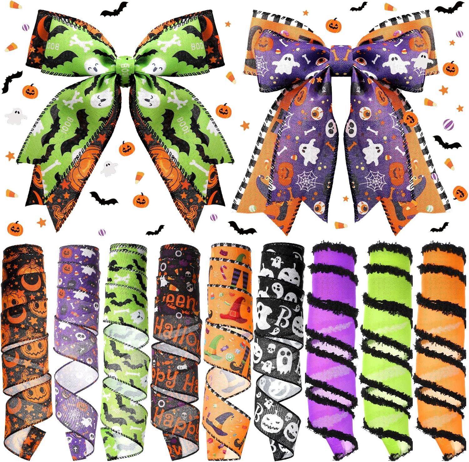 9 Rolls 45 Yards Halloween Ribbon Wired Edge Ribbons for Wreaths Bow Bat Spider Web Pumpkin Ghost Print Craft Ribbon Burlap Grosgrain Ribbon for Spooky Party Decorations DIY Supplies Gift