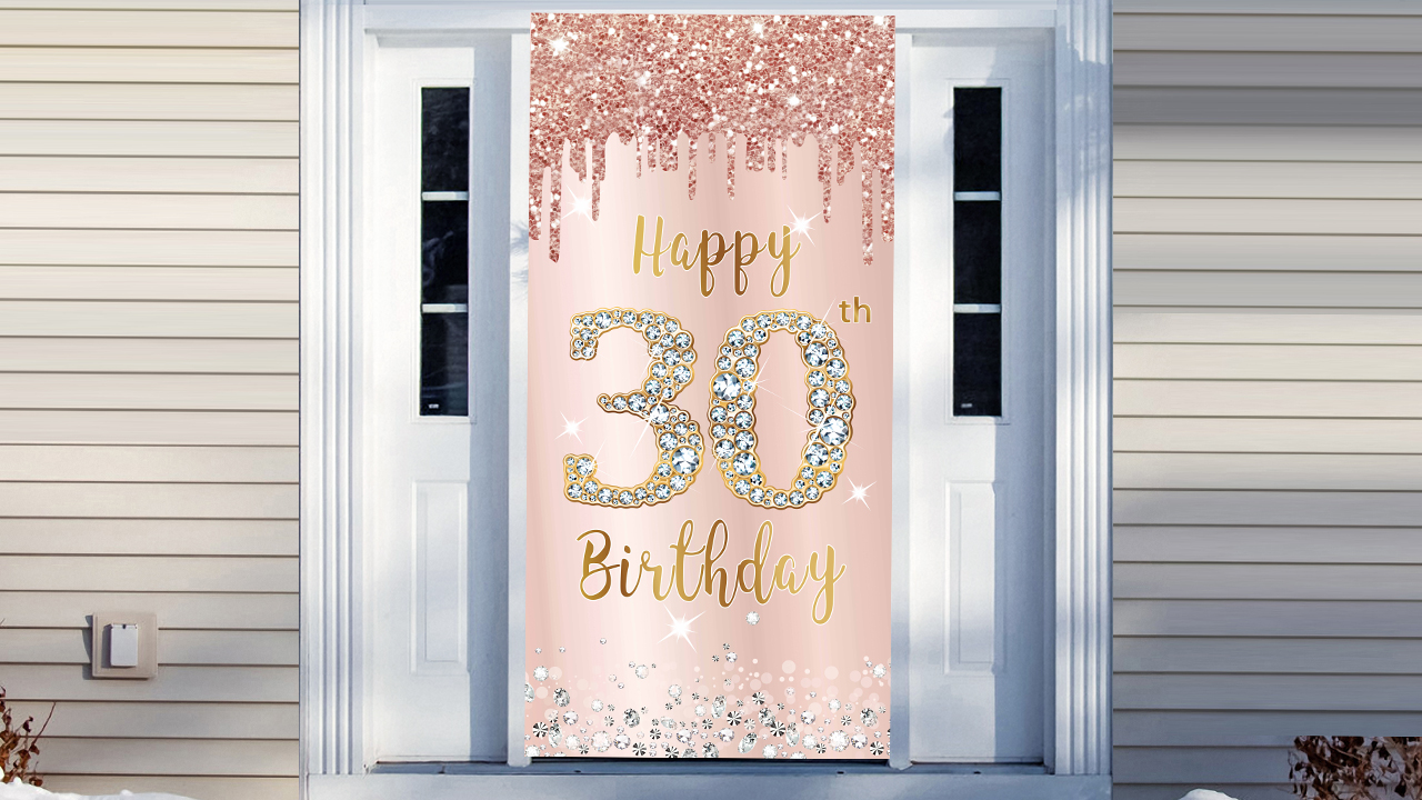 Striscione 30° Compleanno Rosa Oro 90x180 Cm - Poster Decorativo Con Tema 30 Anni Per Festa, Sfondo Per Foto E Benvenuto