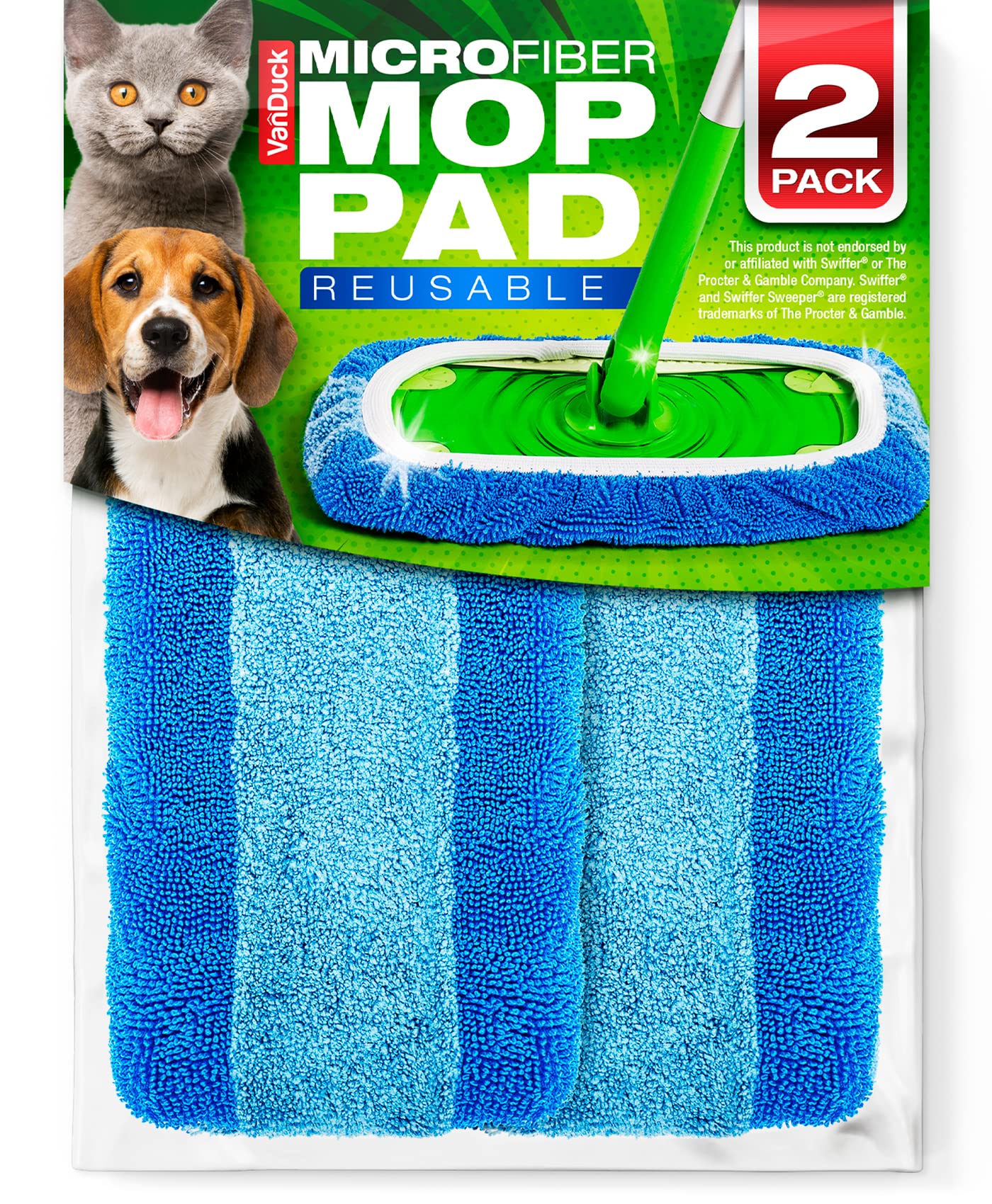 VanDuck Reusable Pet Heavy Duty Mop Pads Compatible with Swiffer Sweeper (2-Pack) - Washable Microfiber Mop Pads for Wet & Dry Use - All Purpose Floor