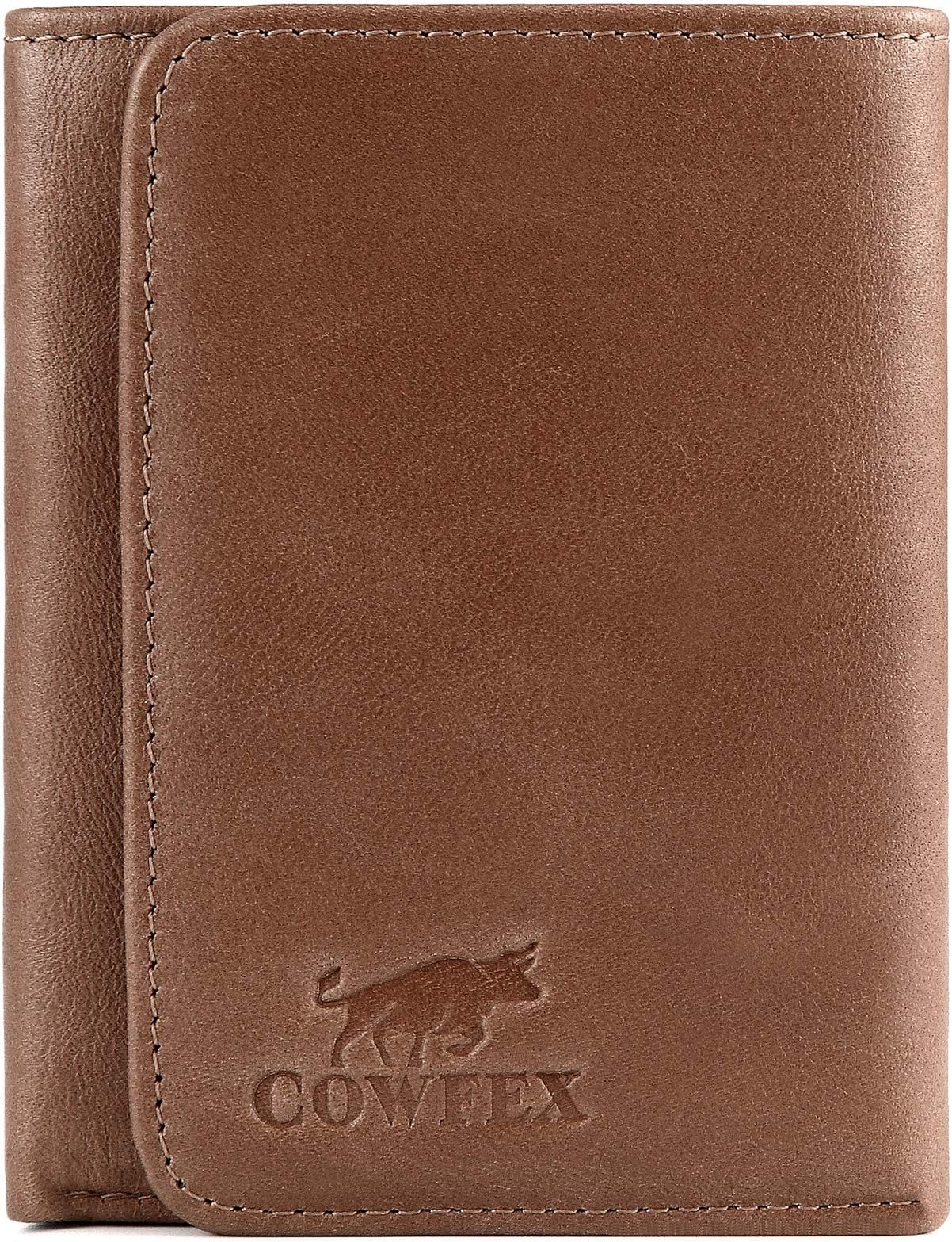 Mens Wallets Tri-fold RFID Blocking Extra COWFEX Capacity Flip Out Genuine Leather Picture Slots Coffee(Brown)