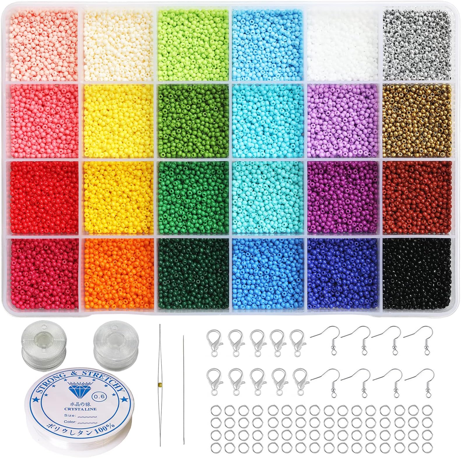 2mm Round Size Almost Uniform Seed Beads with Beading Tool, About 18000pcs in Box 24 Multicolors Assortment 12/0 Small Craft Seed Beads for Earring Making