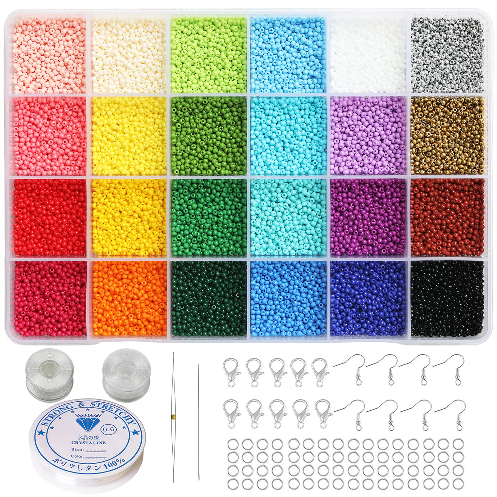 2mm Round Size Almost Uniform Seed Beads with Beading Tool, About 18000pcs in Box 24 Multicolors Assortment 12/0 Small Craft Seed Beads for Earring Making