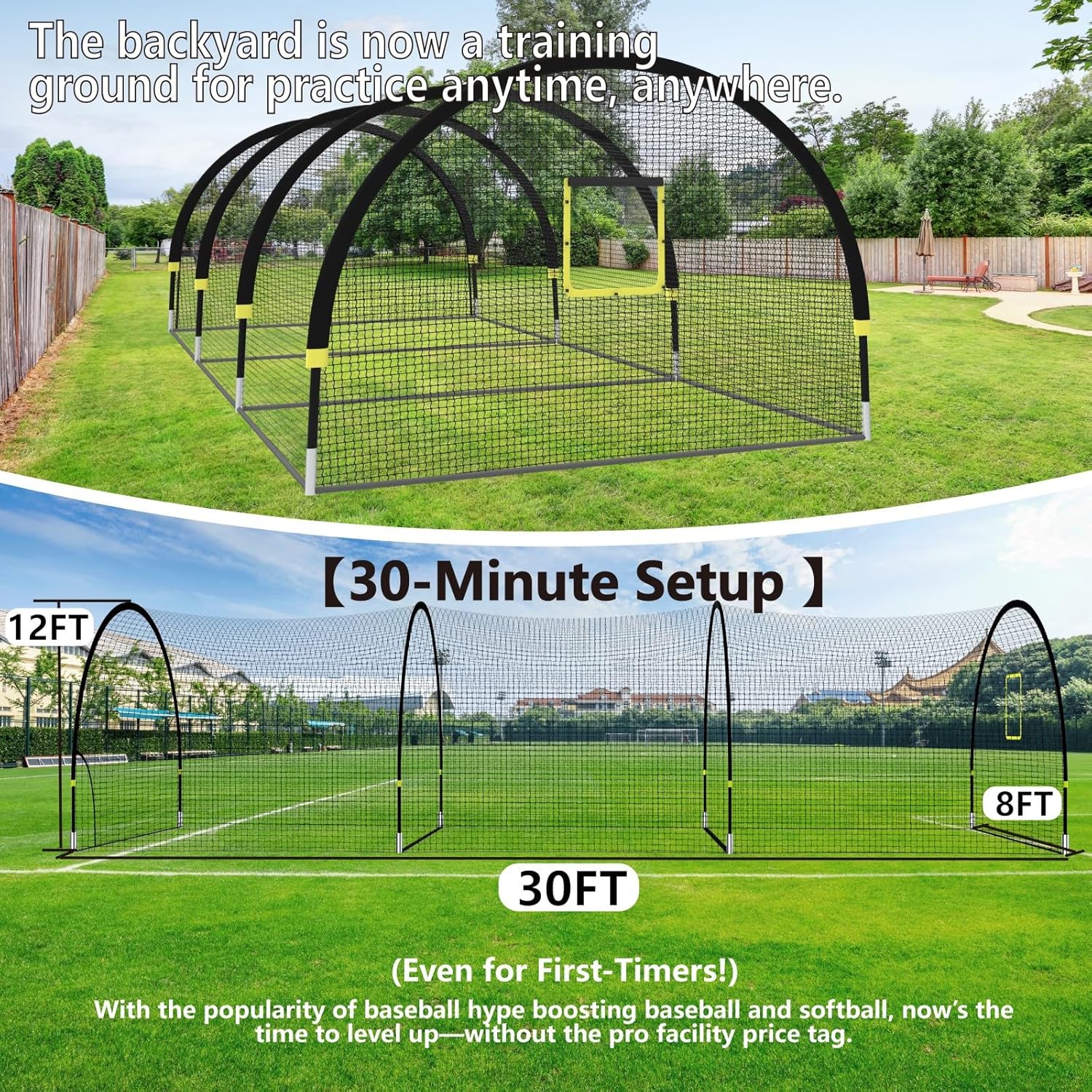 Baseball Batting Cages for Backyard - 22FT/30FTx 12FTx 8FT Portable Practice Softball Cage Net and Frame with Pitching Machine Hole, 12.7MM Fibreglass Poles and Carry Bag