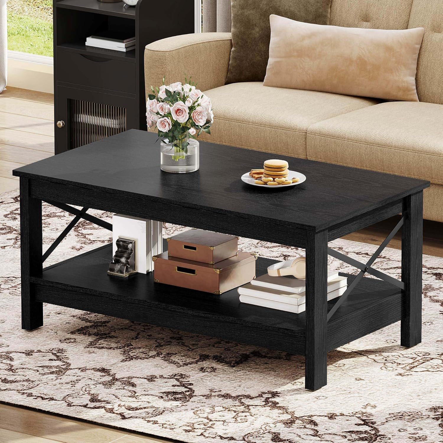 DWVO Black Coffee Tables for Living Room Storage Coffee Table Wood Coffee Table with Thicker Legs 2 Tier Modern Coffee Tables Center Table for Living Room, Black