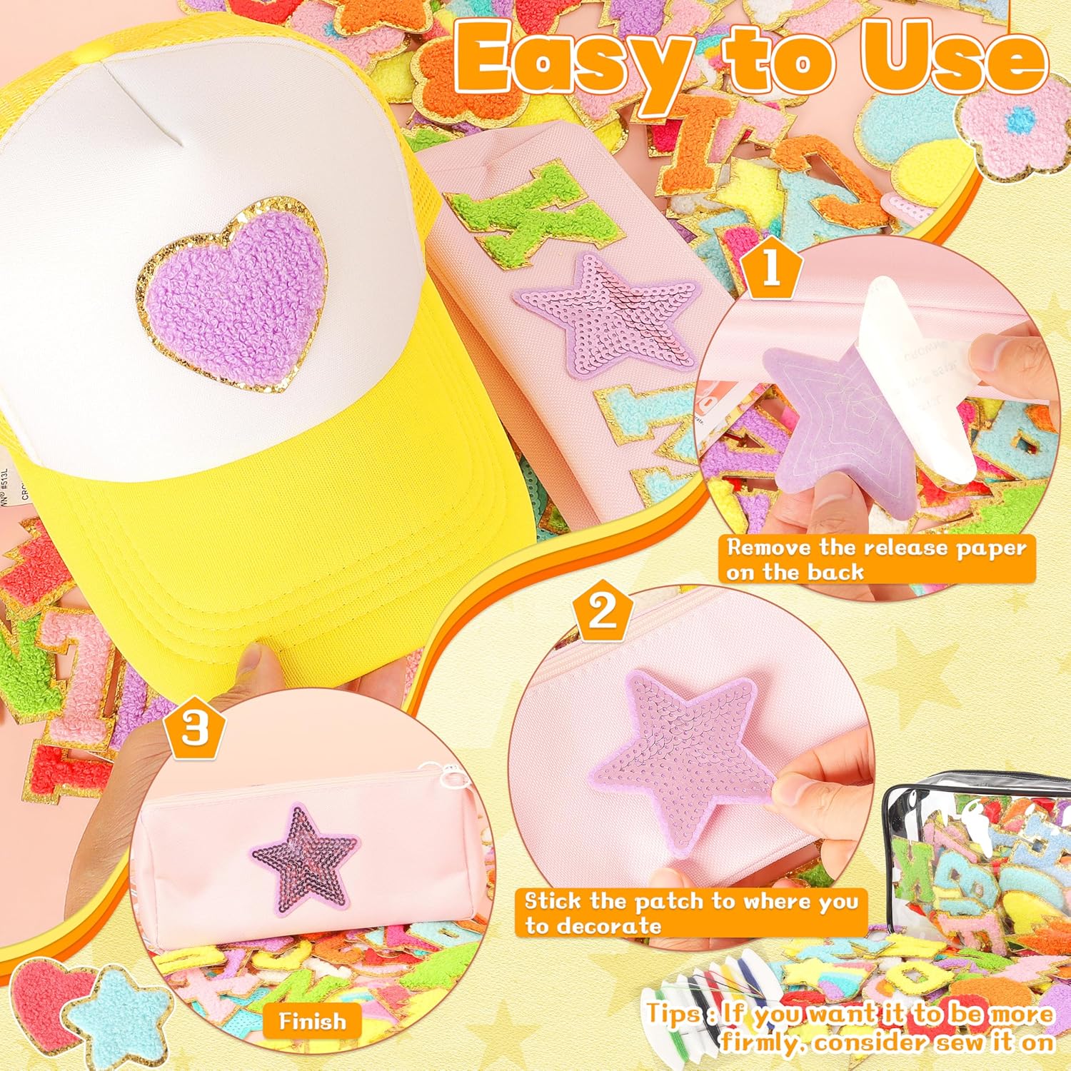 Chenille Letter Patches Self-Adhesive for Clothing: KINGSOW Preppy 129PCS Varsity Sew On Stickers - Cute Rainbow Lightning Sequin Star Patch for DIY Crafts Trucker Hats Makeup Bags