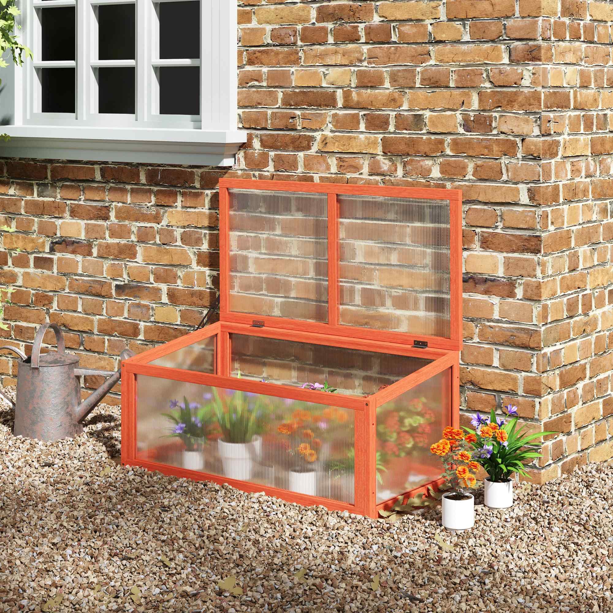 Outsunny Jardinière prématurée avec couvercle en bois et polycarbonate résistant aux intempéries Orange 90 x 46 x 40 cm