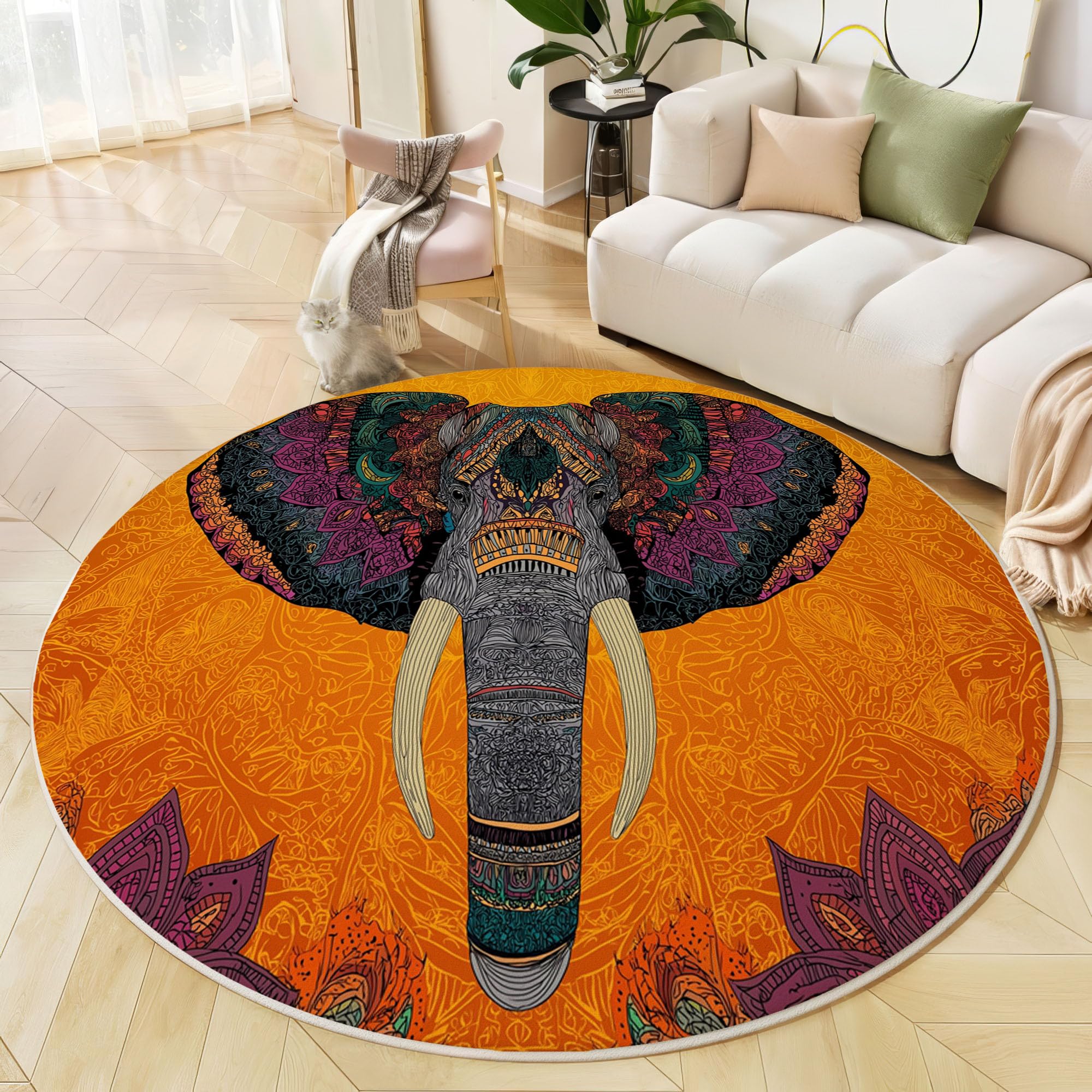 Tapis Rond à Poils Ras Tête D'Éléphant Mandala Antidérapant Lavable Tapis de Sol Motif Cachemire Moquette Décoration pour Salon Chambre Canapé Descente de lit, 120cm, Couleur Orange