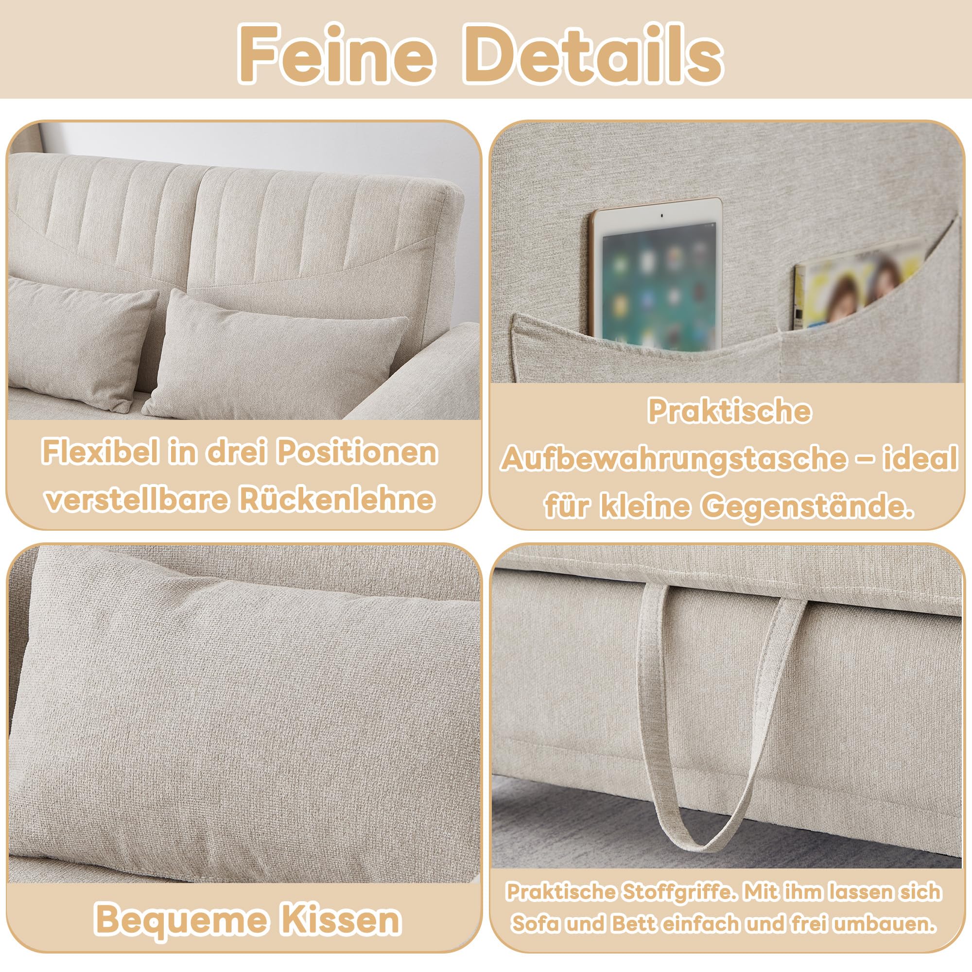 Sofá de dos plazas con función de dormir, sofá plegable con respaldo ajustable, sofá cama extensible, sofá cama con cajón, sofás pequeños para habitaciones pequeñas, 114 x 77 cm, beige