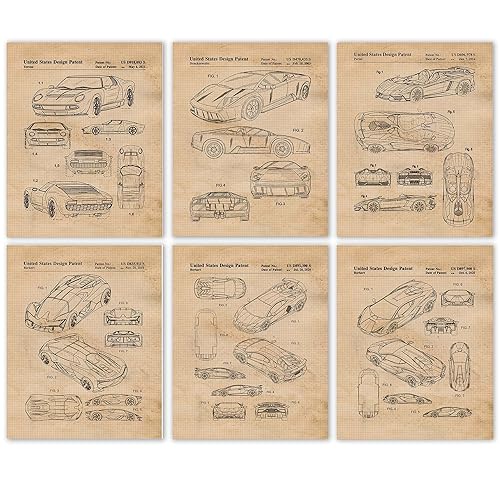 Classic Cars Patent Prints, 6 (8x10) Unframed Photos, Wall Art Decor Gifts for Home Lamborghini Office Gears Garage Shop School Racing Engineer