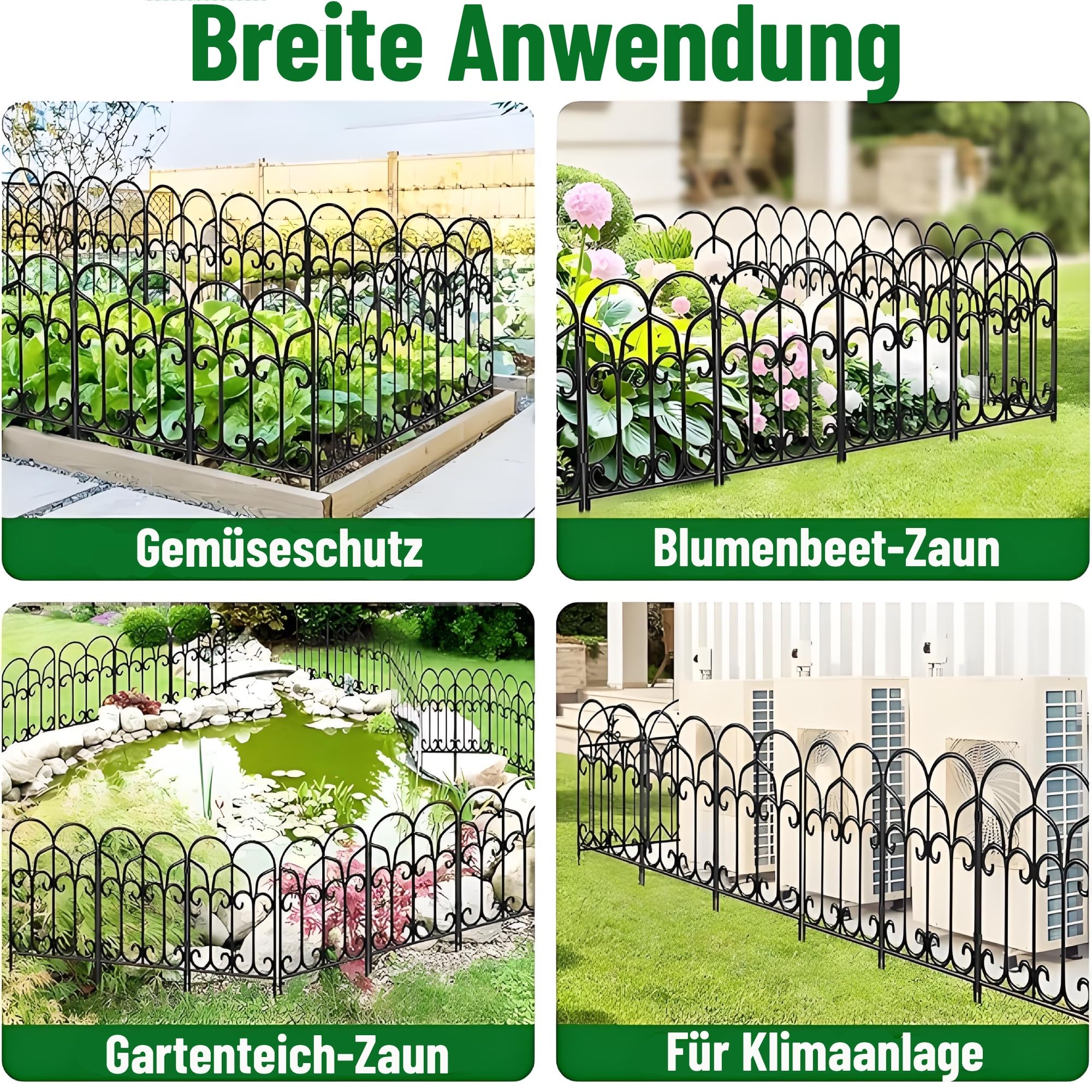 Amagabeli Dekoratives Gartenzaun 46cm(H) x 46cm(L) (5 Panels, Gesamtlänge 2.3m), Rostfrei Metallzaun ohne Graben für Außenbereich, Grenzzaun, Hundezäune für Blumenbeete, Schwarz