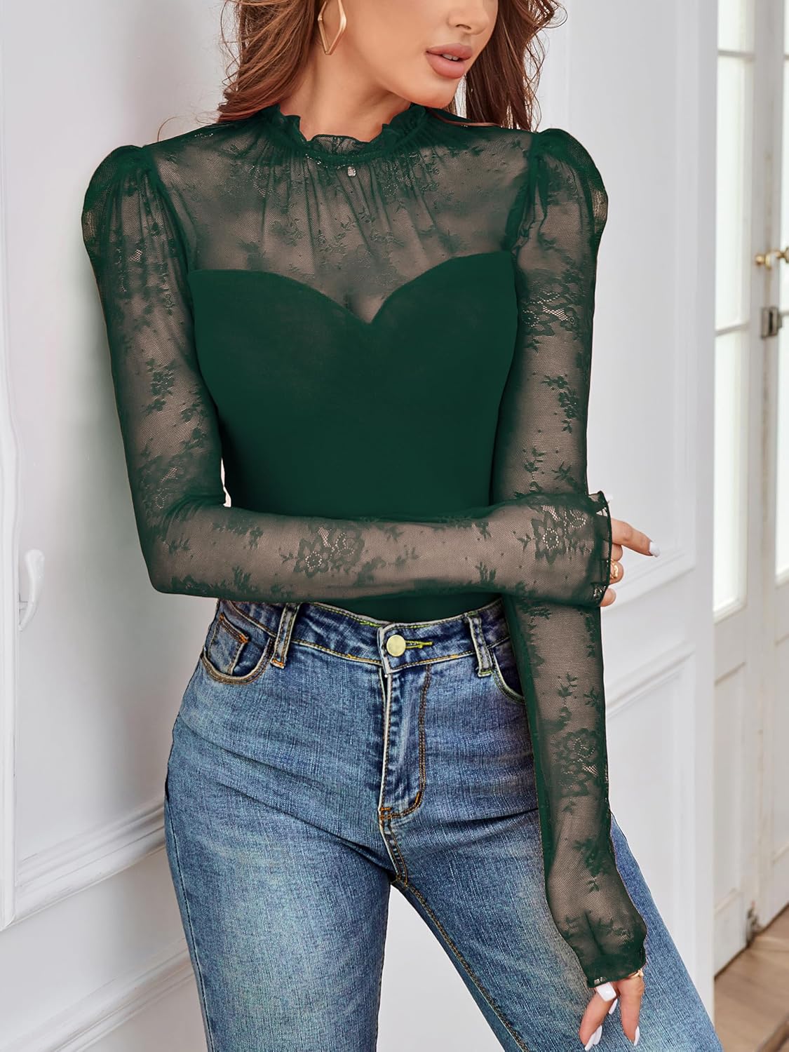 Pasgreson Women's Sexy Lace Sheer Mesh Bodysuit Long Sleeve See Through Going Out Tops Party Night Out Romper Club Outfits - Image 4