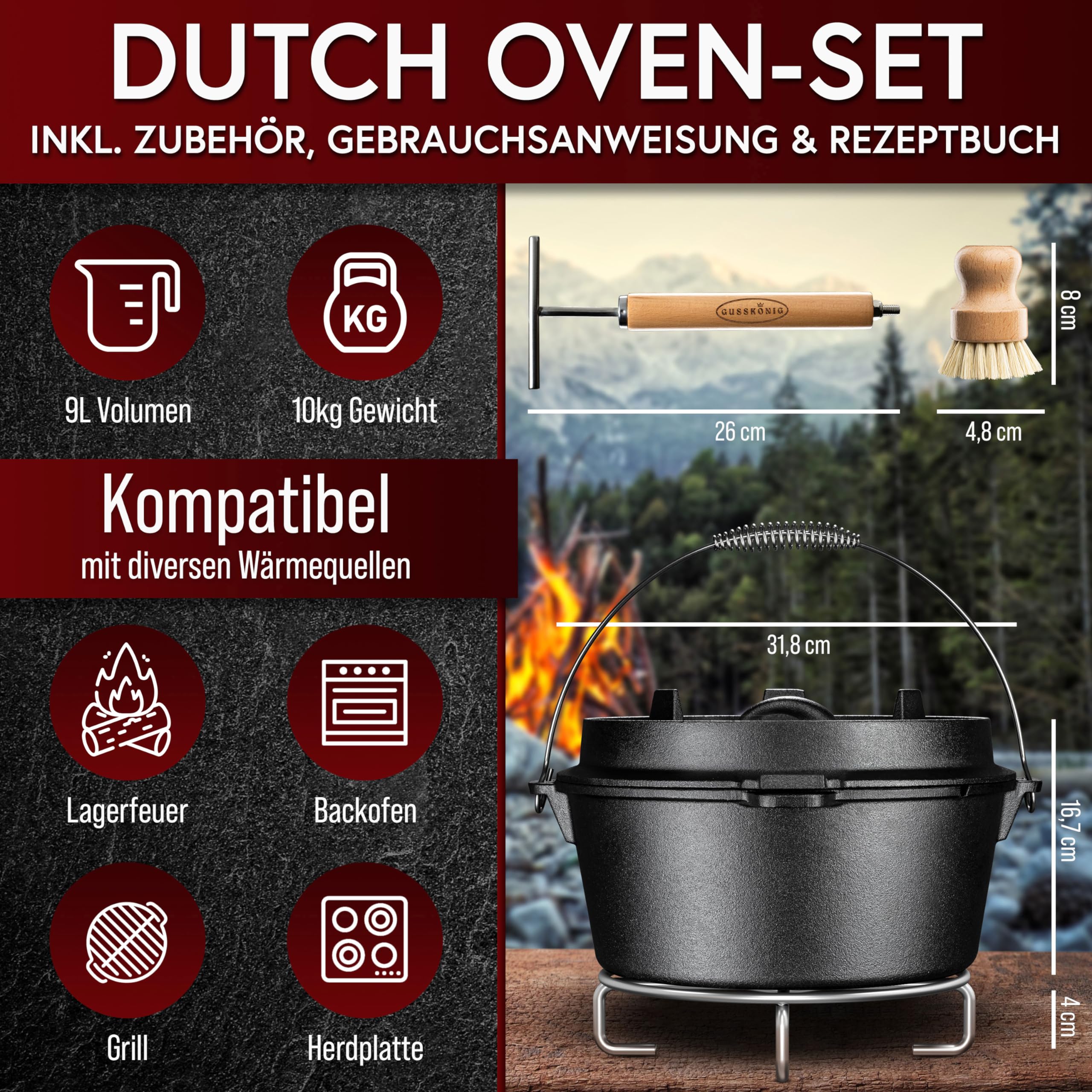 GUSSKÖNIG dutch oven Cocotte Fonte Barbecue - Cocotte Émaillée 9L sans Pieds - Chaudron en fonte - Double Fonction -Marmite fonte-Marmite feu de bois, Inclus : Brosse & Livre de Recettes[4-7 Pers.]