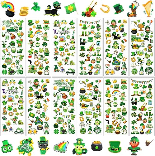 UPINS Calcomanías hinchadas del día de San Patricio para niños, 12 hojas de calcomanías 3D de trébol de la suerte, sombrero de trébol de la suerte,
