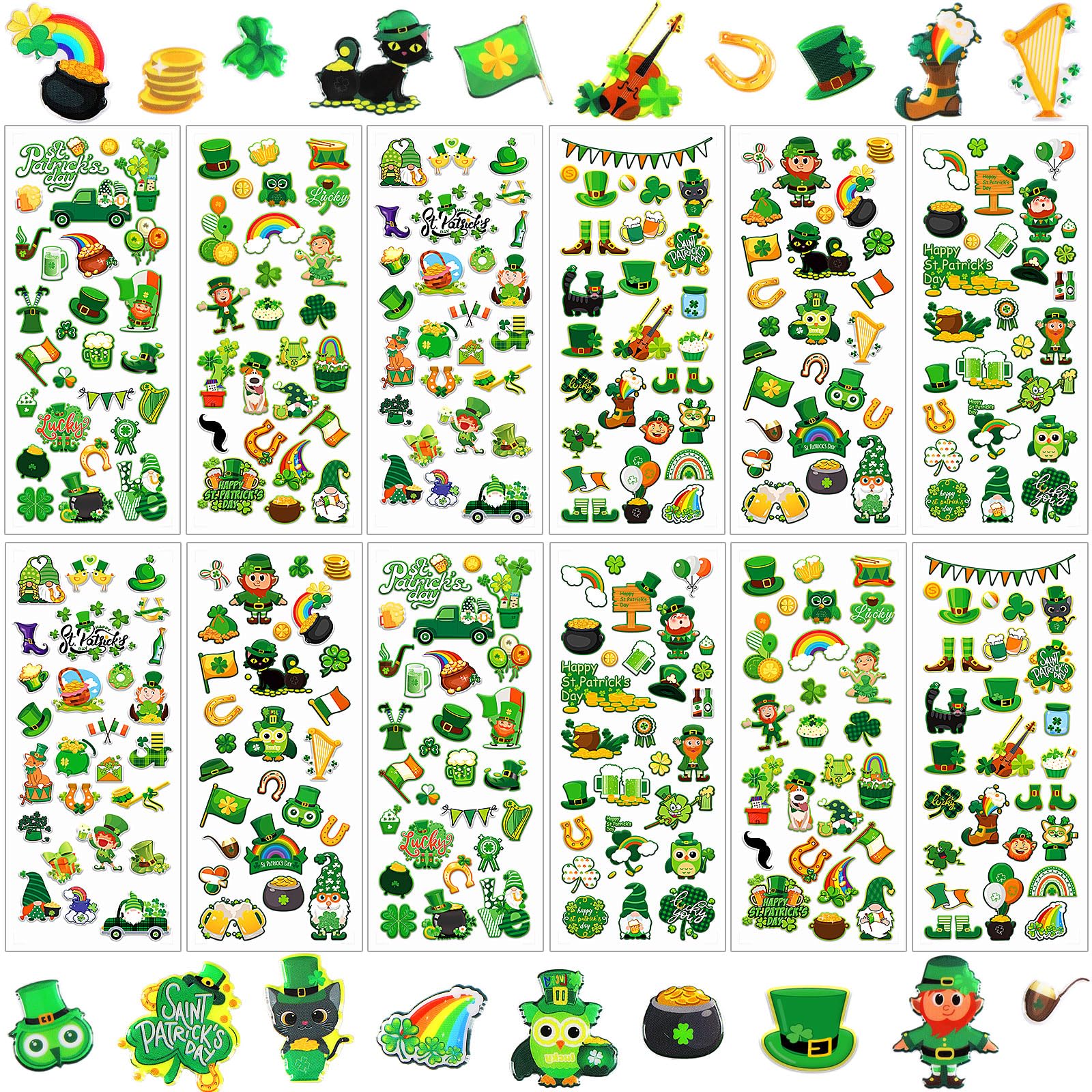 UPINS St. Patrick's Day Puffy Stickers for Kids, 12 Sheets 3D Cute Shamrock, Clover, Leprechaun Foam Stickers for Irish Party Favors, Scrapbooking, DIY Crafts
