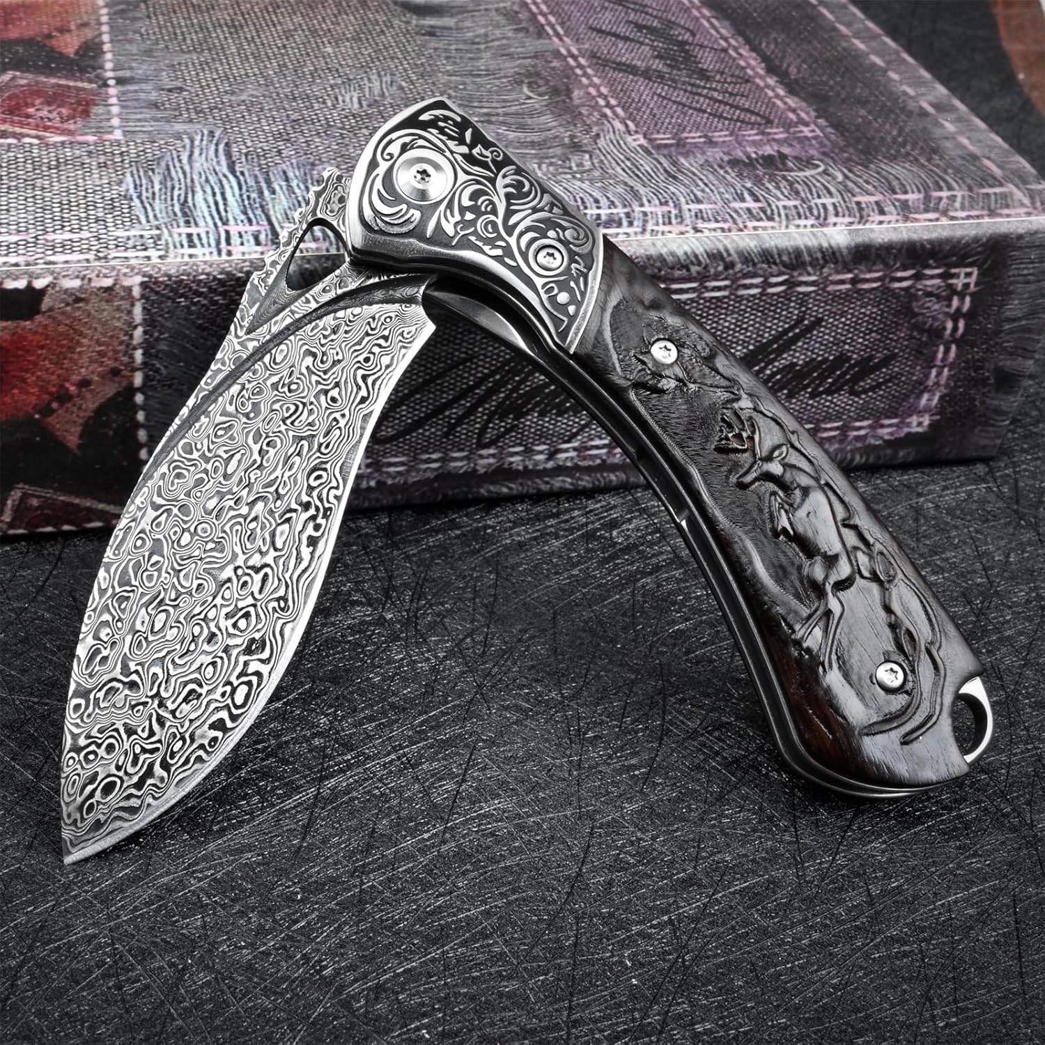 Flipper Folding Damascus Pocket Knife For Men Outdoor Camping Survival Gear