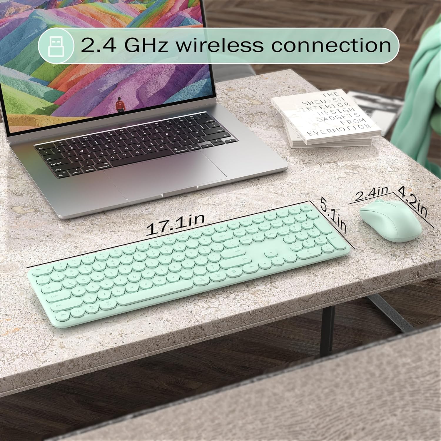 Wireless Keyboard and Mouse Combo, 110 Round Quiet Keys, Adjustable Optical Mouse, Share 1xUSB Receiver, Power Switch, for Windows Mac(Green)