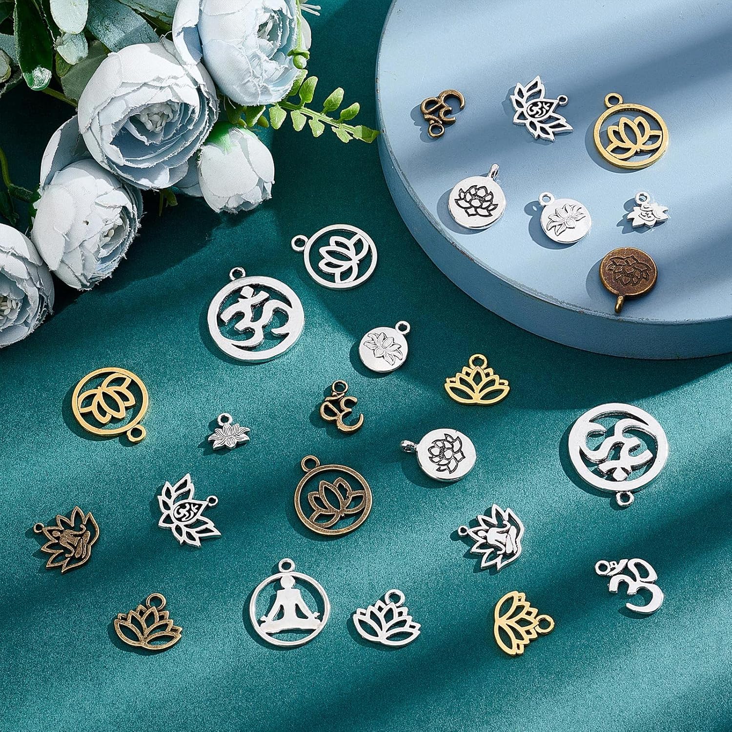 SUNNYCLUE 1 Box 68Pcs Lotus Charms Yoga Charms Lotus Flower Charm Hollow OM Yoga Chakra Energy Charm Flat Round Charms for Jewelry Making Charm Necklace Bracelet Earrings DIY Craft Supplies Adult - Image 4