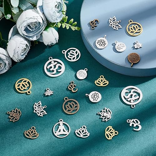 Miniatura 4 de SUNNYCLUE 1 caja 68 dijes de loto para yoga, flor de loto, dije hueco OM Yoga Chakra Energía Dijes planos redondos para hacer joyas, collares,