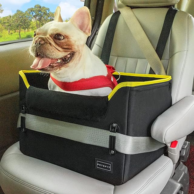 Petsfit Dog Car Seat, Small Dog Booster Seat with Clip-on Safety Leash, Fleece Liner, Adjustable Height Dog Seat for Cars Front and Back Seat,Black