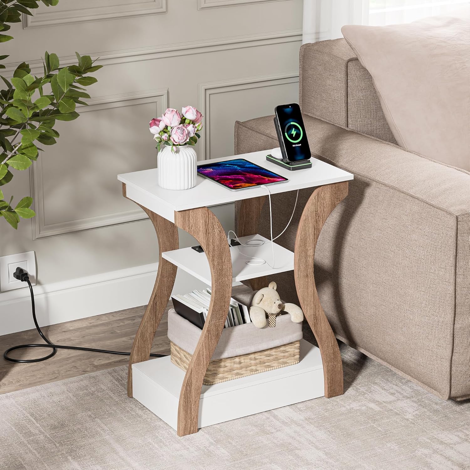 SUPER DEAL End Table Set of 2, Compact Nightstand Small Sofa Side Table with Charging Station, 2 USB and 2 Power Outlets for Living Room, Bedroom, White