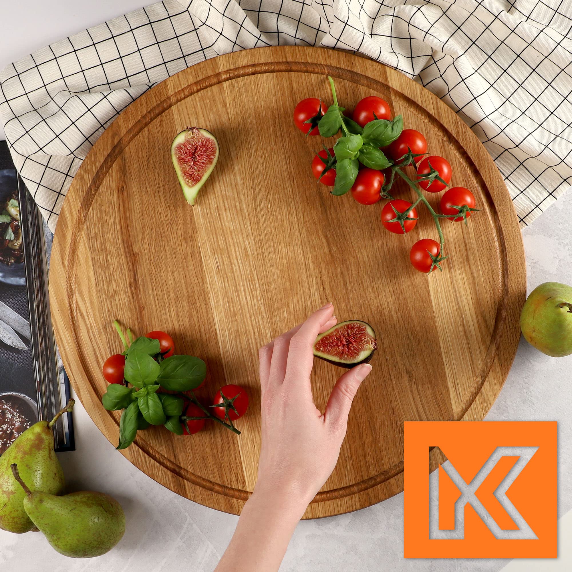 KADAX Tabla de cortar redonda de roble, antibacteriana, tabla de cortar madera con huecos especiales, tabla de desayuno, base de corte (diámetro 40 cm)