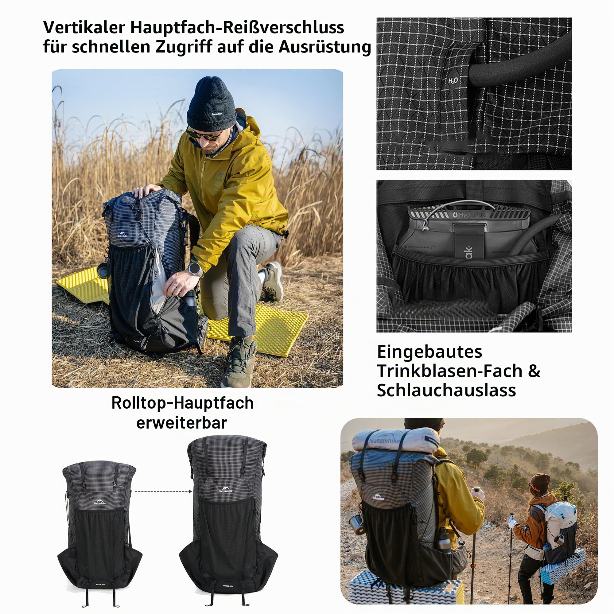 Naturehike Rock 2.0 Wanderrucksack 2026 Upgrade,MOUNT RIDGE Trägersystem | 30L/45L/60L Leichter Rucksack Aufbewahrung & Befestigung, Regenschutz, Rolltop, Wasserblasenfach