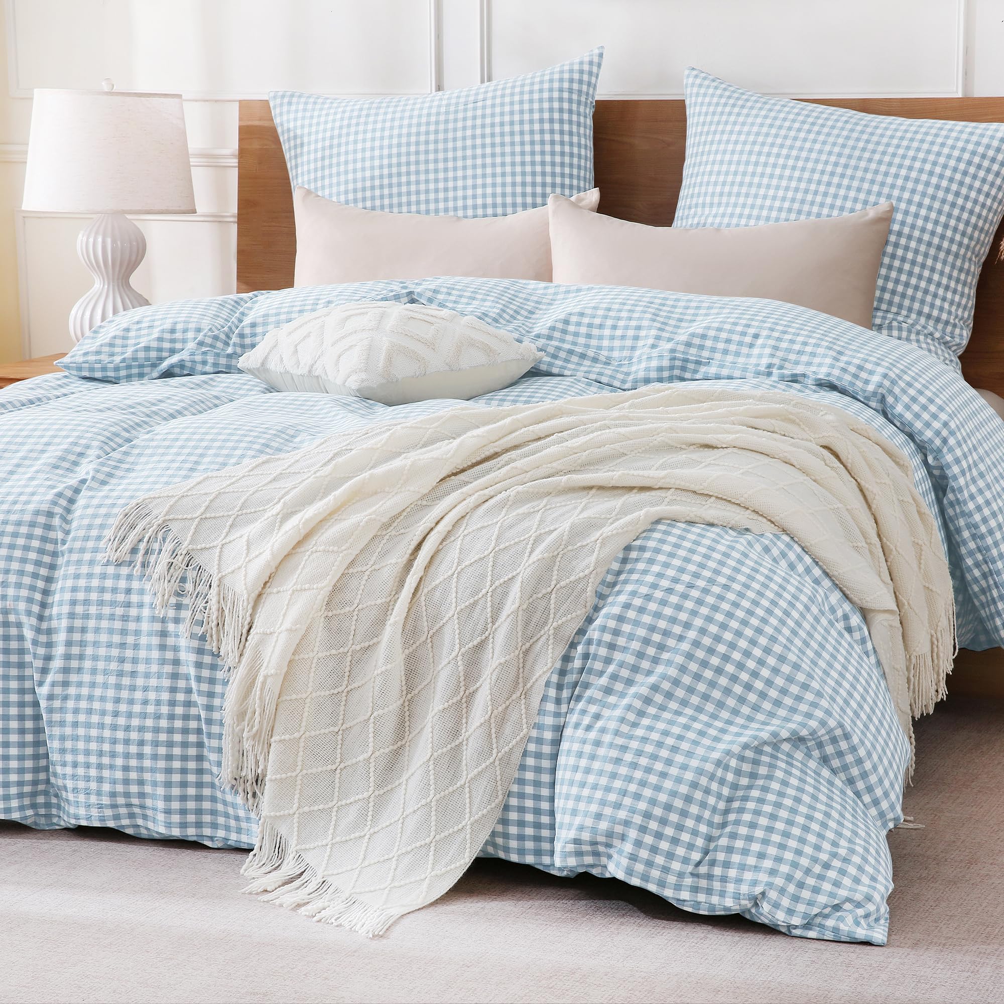 TOCOMOA Gingham Bettwäsche 135x200 Kariert 100% Gewaschene Baumwolle Set | Weich, reißbeständig,Leinenoptik und Atmungsaktiv Bettwaren mit Reißverschluss, 1 Bettbezug und 1 Kissenbezug 80x80 cm