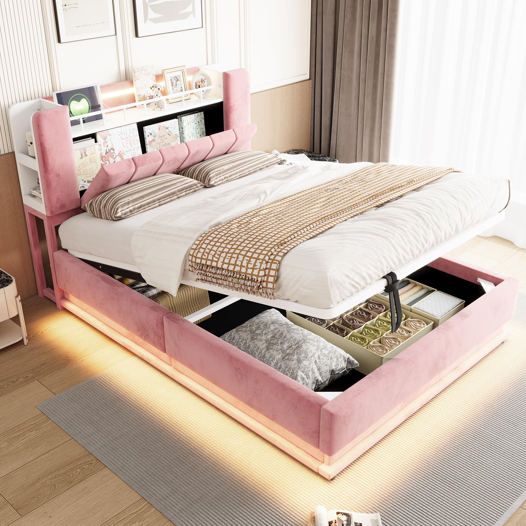 Cama tapizada inteligente de 140 x 200 cm con iluminación LED, USB y almacenamiento hidráulico, funda de terciopelo suave y marco de metal, color rosa