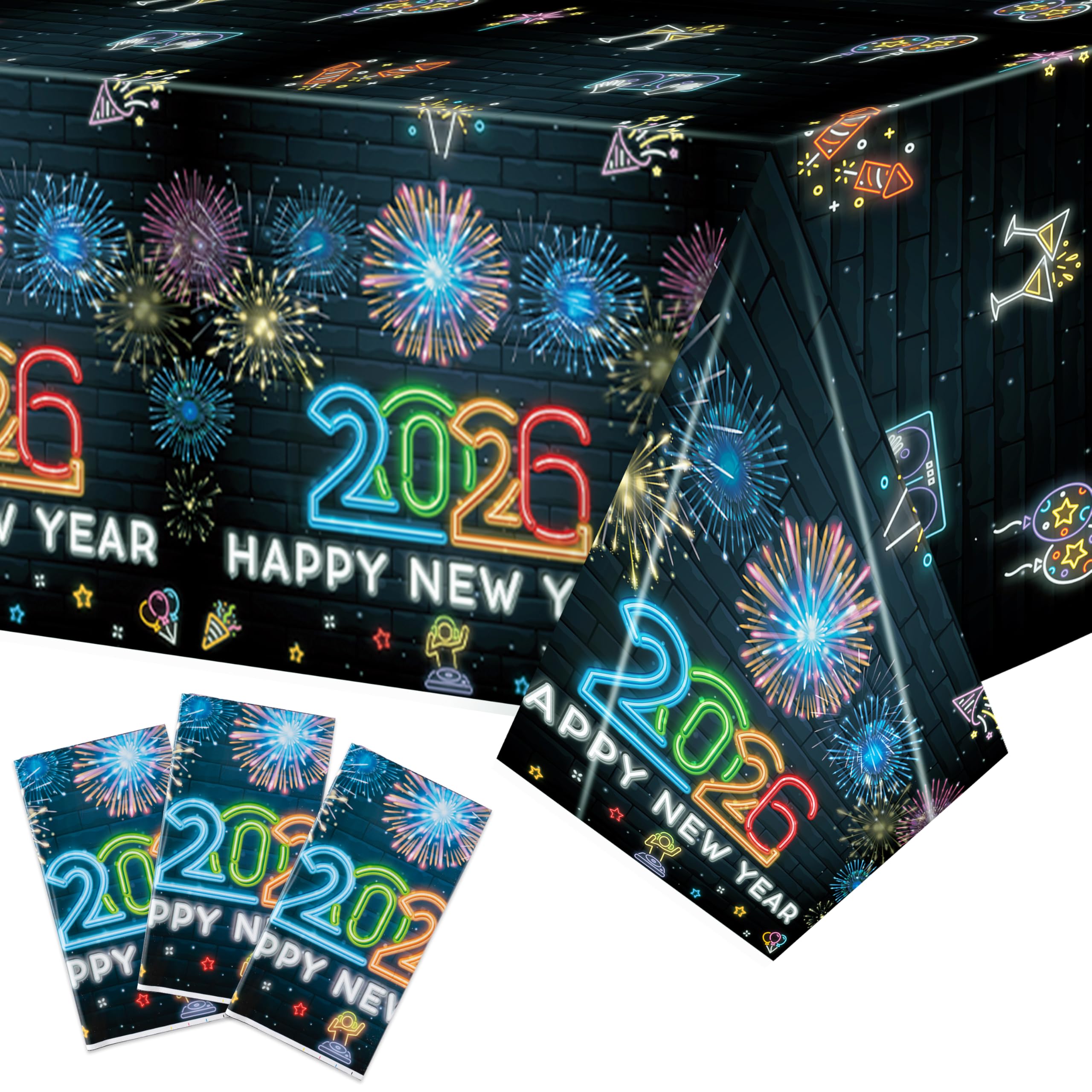 Neon New Year Tablecloth - 3Pack 2026 Happy New Year Eve Glow in The Dark Tablecovers Decoration Rectangle Tablecloth Carnival Party Table