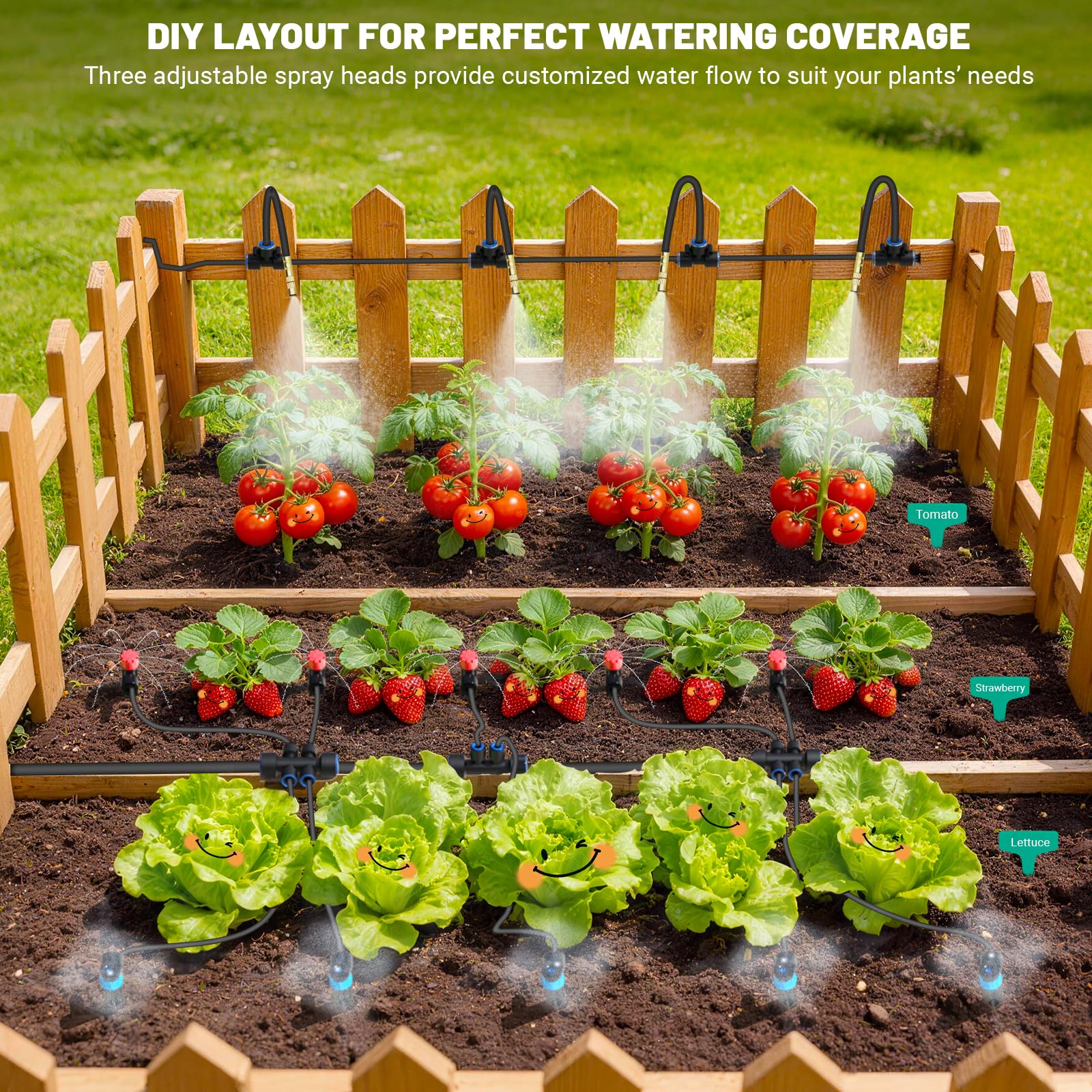 Kit di irrigazione a goccia da 60 m con connettori push-fit, sistema di irrigazione automatico da giardino fai da te, design a risparmio idrico aggiornato 2026 con 3 ugelli regolabili per cortile