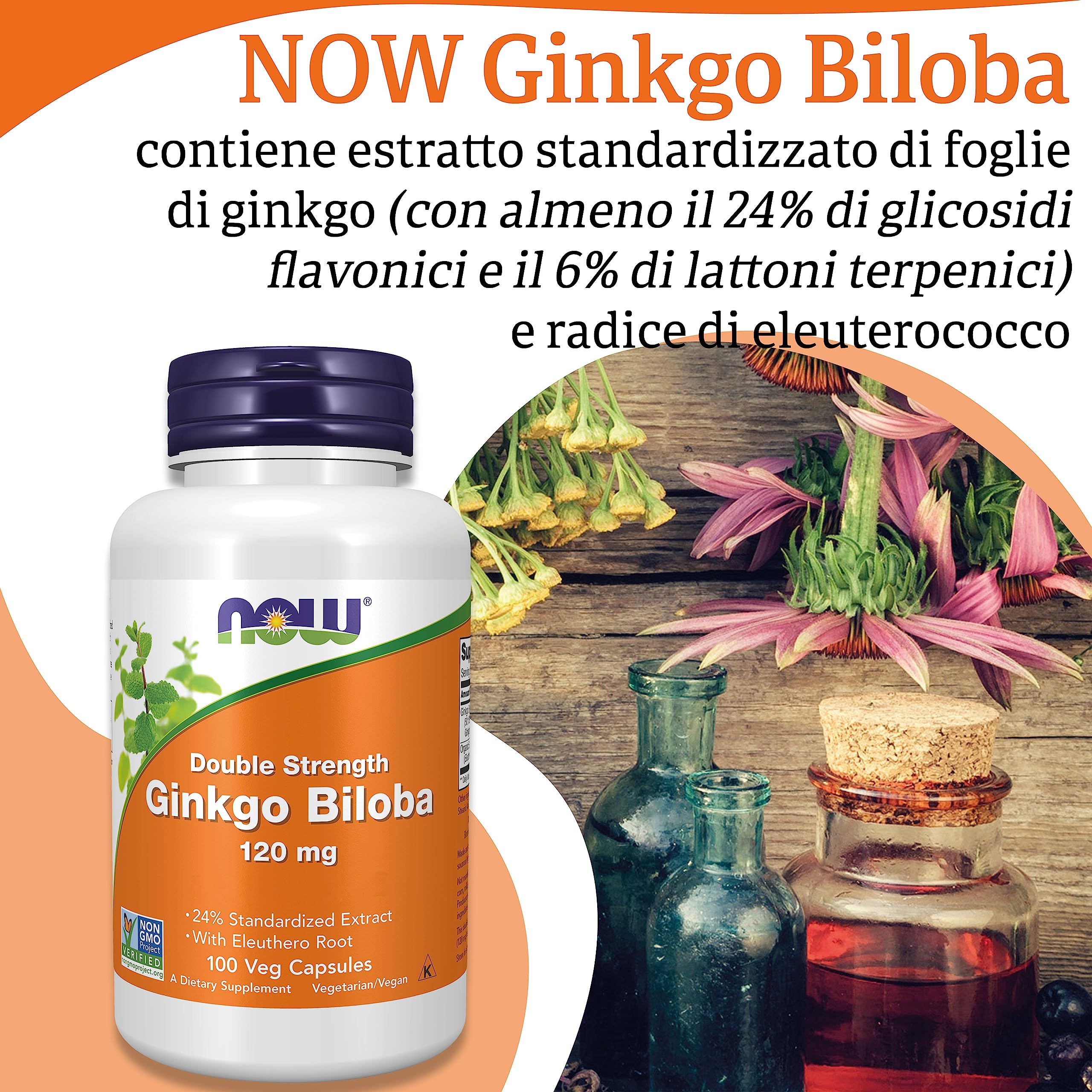 Now Foods, Double Strength Ginkgo Biloba, 120mg, 100 Capsule vegane, Testato in Laboratorio, Senza Soia, Senza Glutine, Vegetariano, Non-GMO