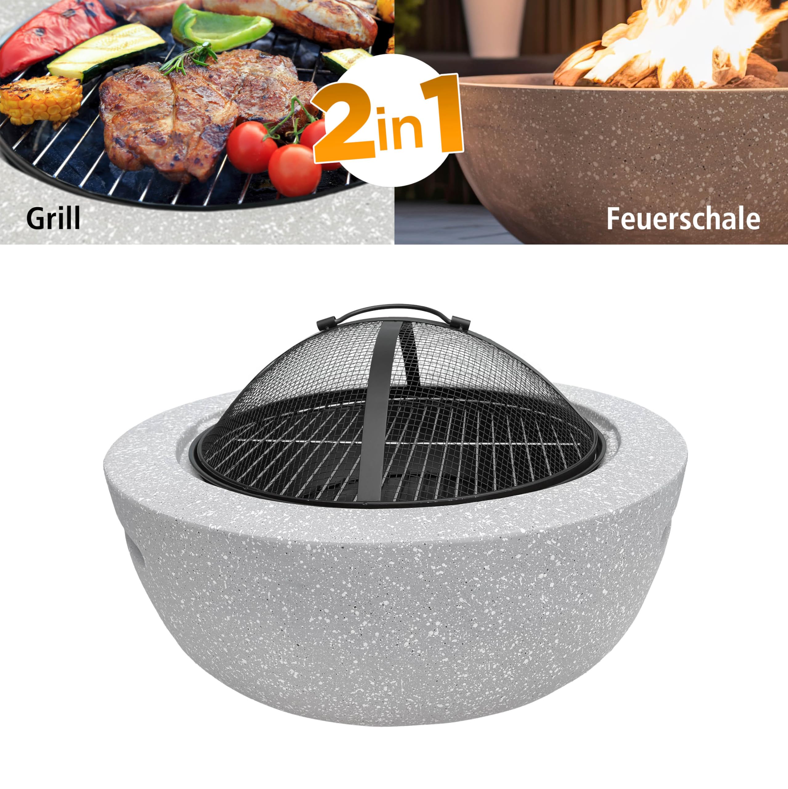 Feuerschale 2-in-1 aus Kunststein in Granitoptik | ca. Ø 60 cm | inkl. Grillrost, Schürhaken & Funkenschutz | als Grill & Feuerkorb für den Garten nutzbar | Moderne Feuerstelle zum Kochen und Chillen