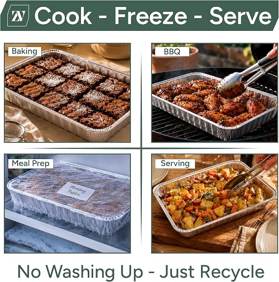 Zuvo Foil Baking Trays 10 Pack, Disposable Aluminium Oven & Roasting Trays | 32x20x3.3cm disposable foil trays, oven safe to 250°C, freezer & BBQ safe, fits air fryer, for tray bakes & roasting, 10 pack