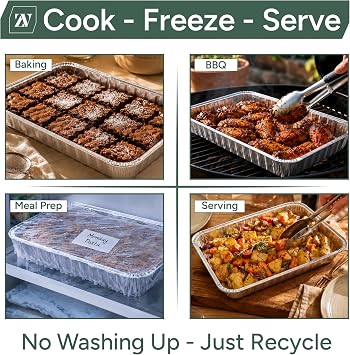 Zuvo Foil Baking Trays 10 Pack, Disposable Aluminium Oven & Roasting Trays | 32x20x3.3cm disposable foil trays, oven safe to 250°C, freezer & BBQ safe, fits air fryer, for tray bakes & roasting, 10 pack